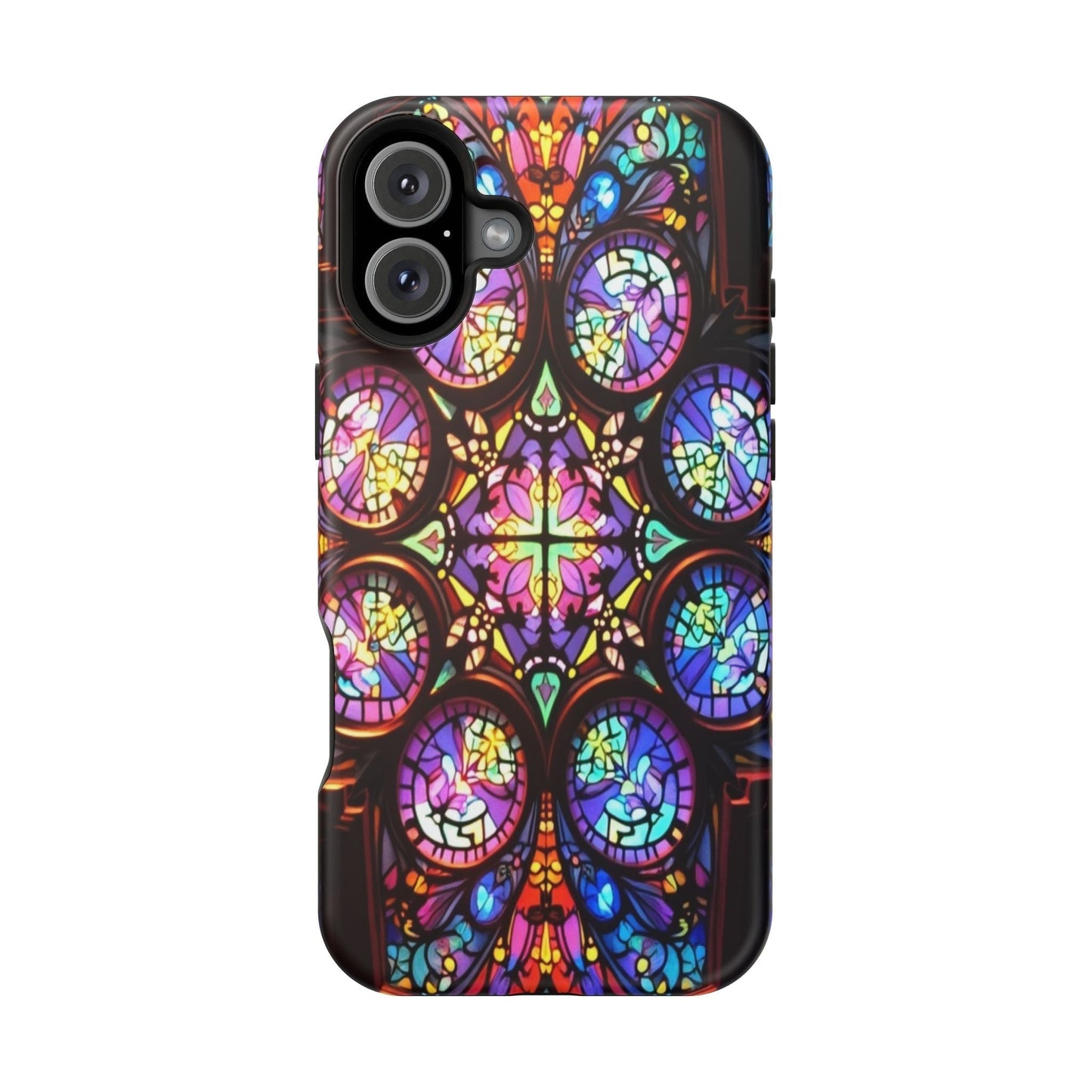 Colorful hypnotic stained glass pattern on durable iPhone tough case with MagSafe compatibility