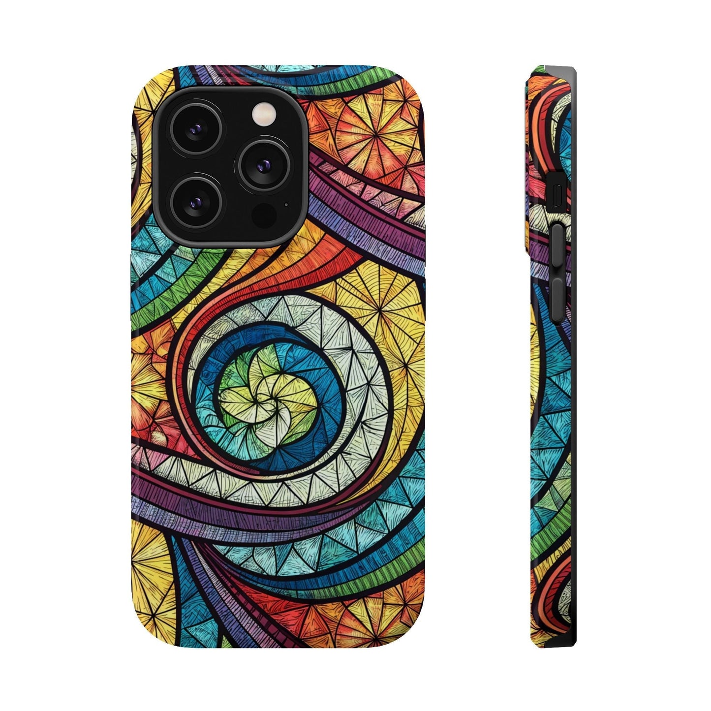 iPhone case with stained glass inspired rainbow swirl design, durable dual layer protection, MagSafe compatible, vibrant artistic pattern