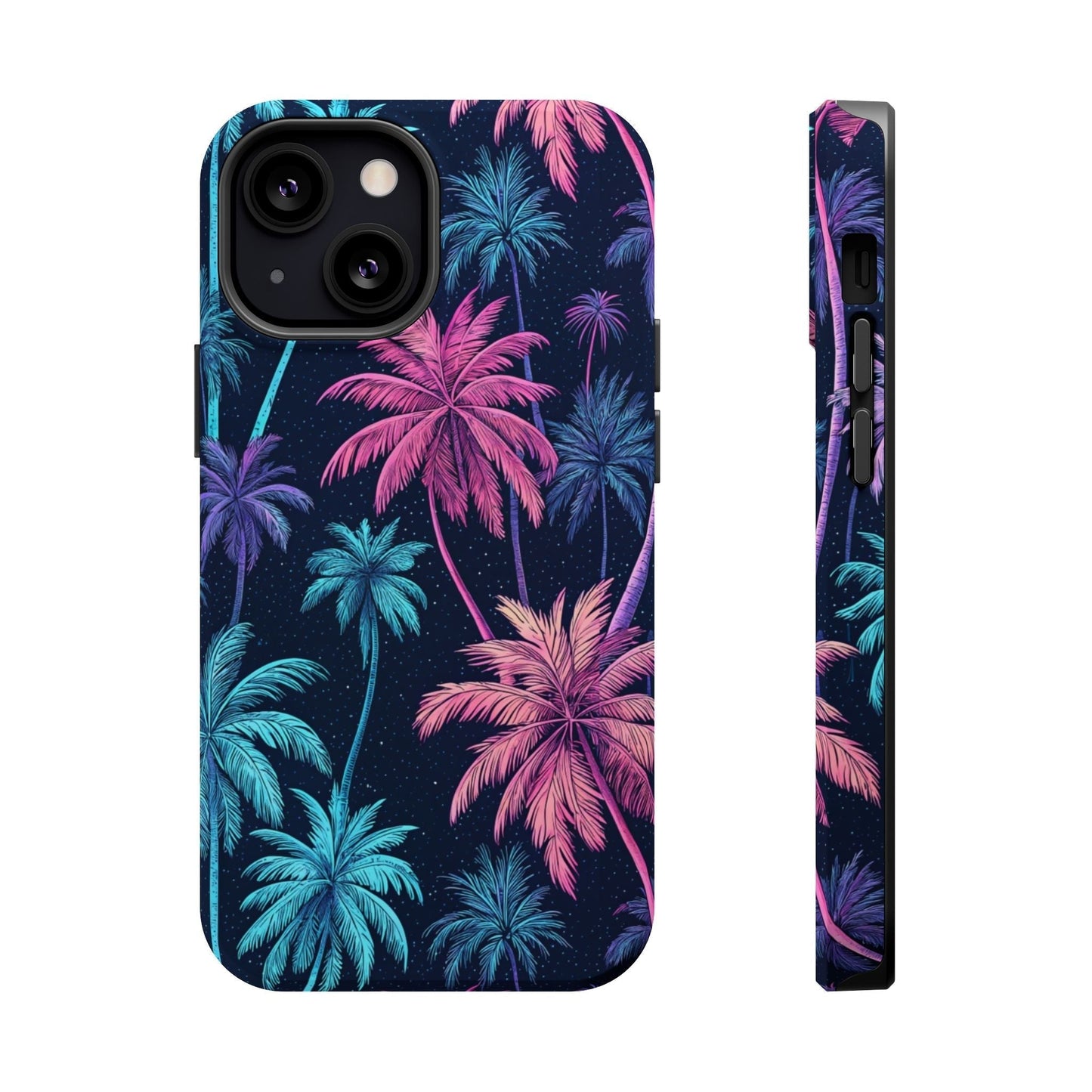 iPhone phone case with neon blue and pink palm trees design, MagSafe compatible, durable dual-layer protection