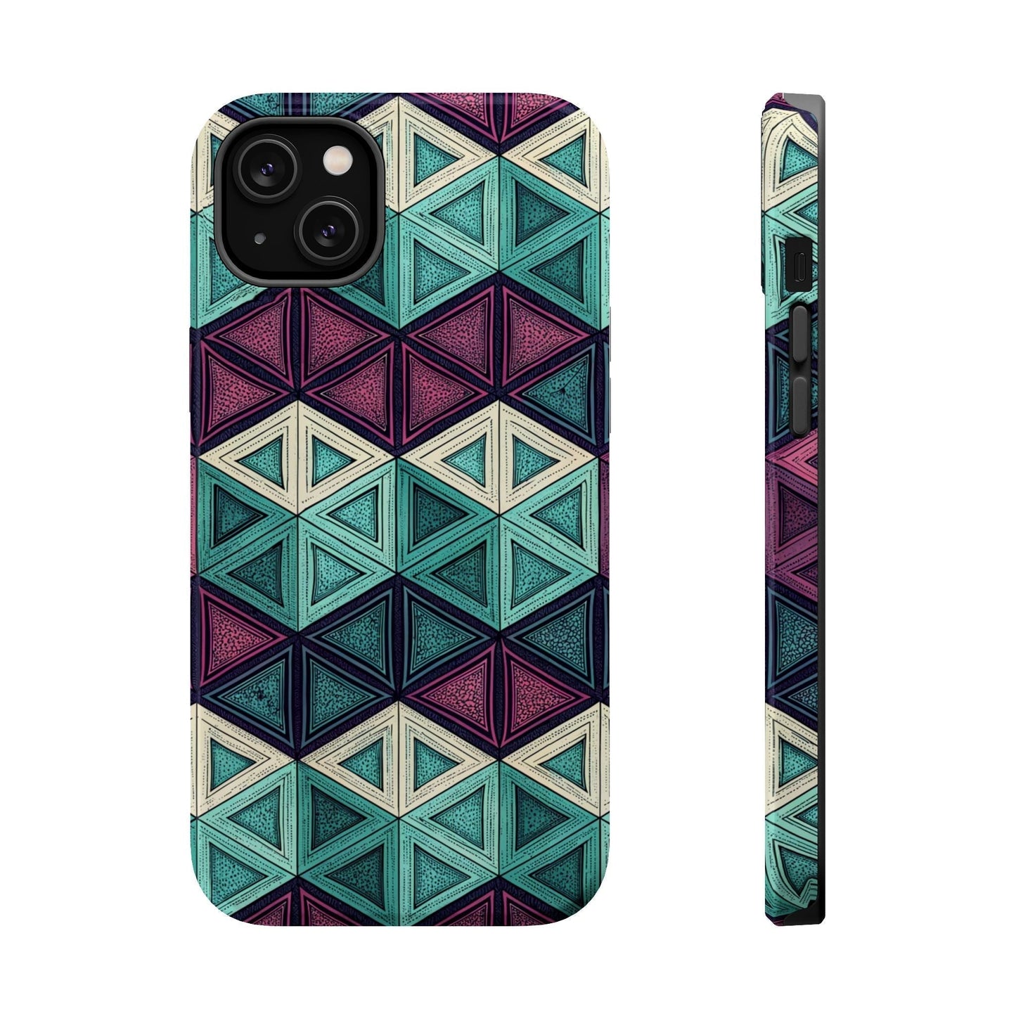 Purple and teal abstract geometric magnetic iPhone tough case with dual-layer protection and MagSafe compatibility