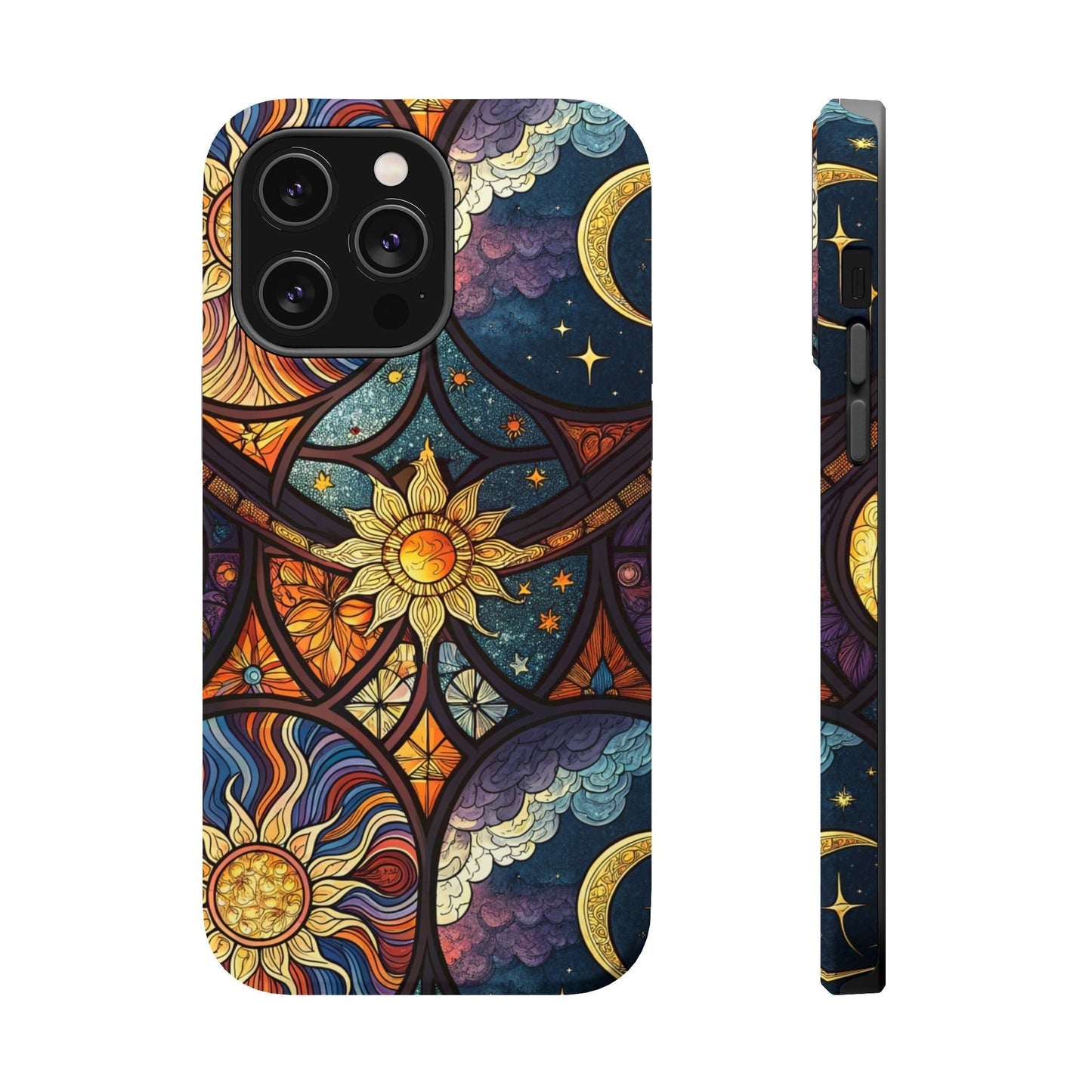 Sun and Moon iPhone case with vibrant celestial design, dual-layer protection, and MagSafe compatibility, available in matte or glossy finish.