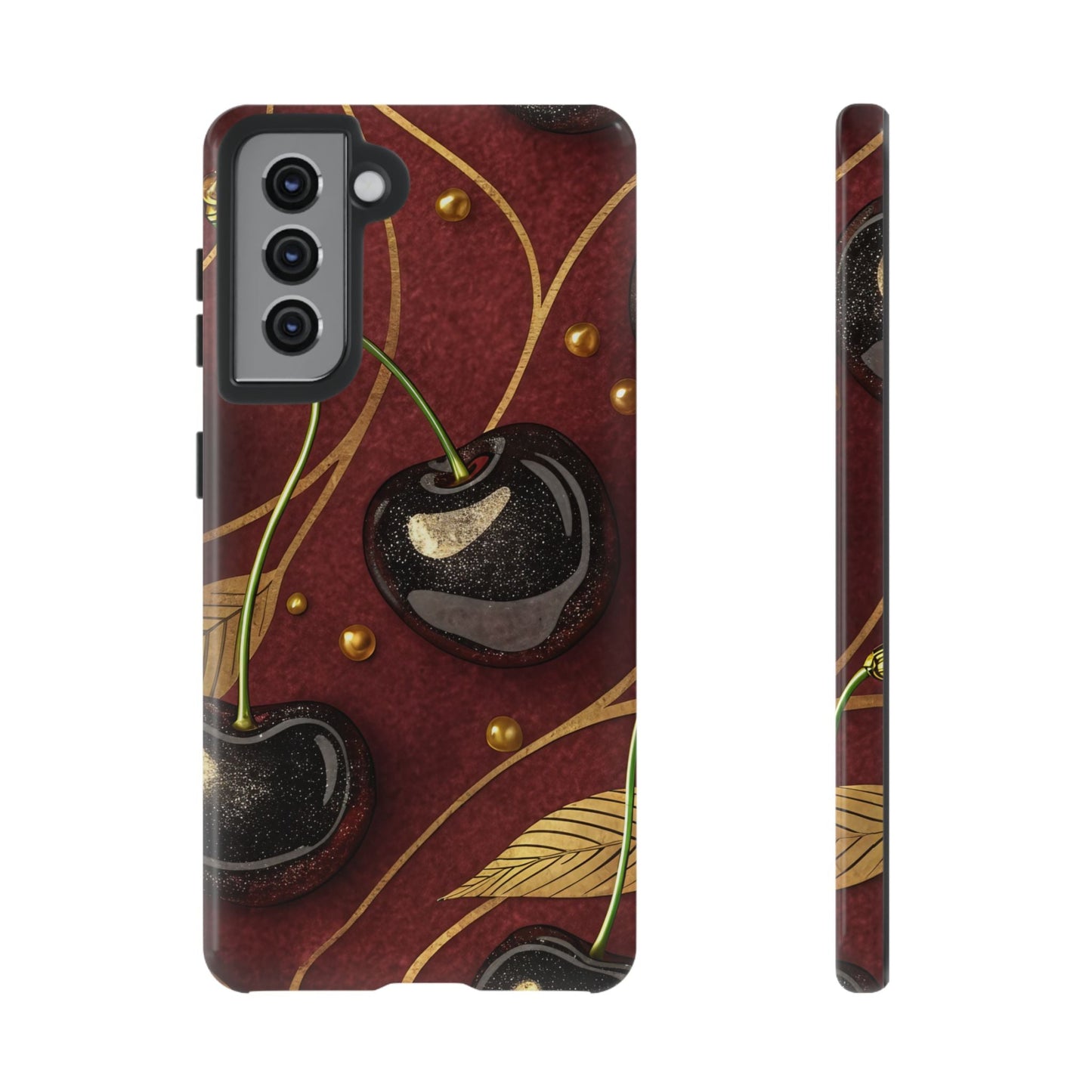 Samsung phone case with golden cherry design on dark red background, durable tough protection for Samsung Galaxy models