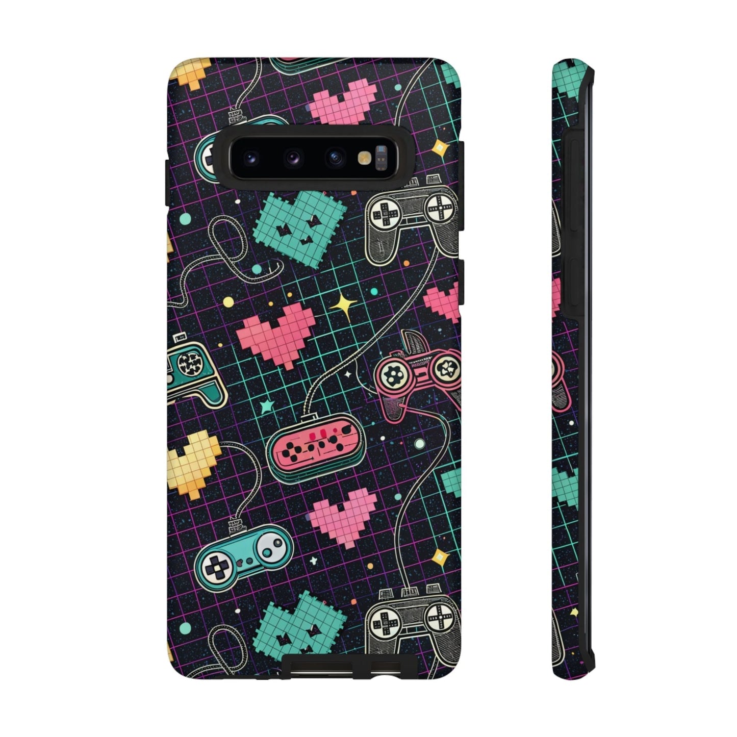 Retro Gamer Tough Case for Samsung Galaxy with colorful pixelated gaming controllers and hearts design, durable impact-resistant protection.