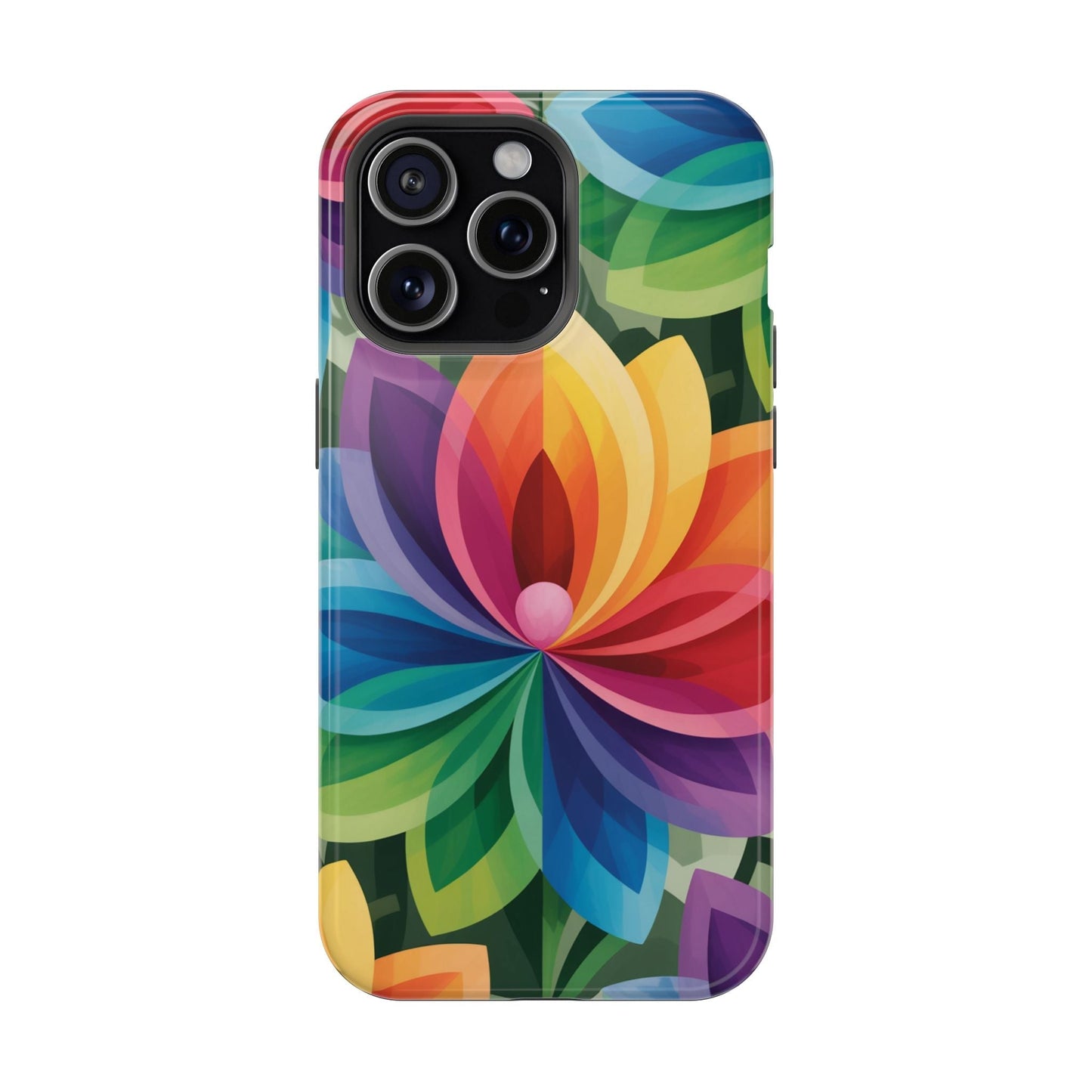 Rainbow Flower iPhone Case with vibrant colorful floral design, magnetic tough dual-layer protection, MagSafe compatible.