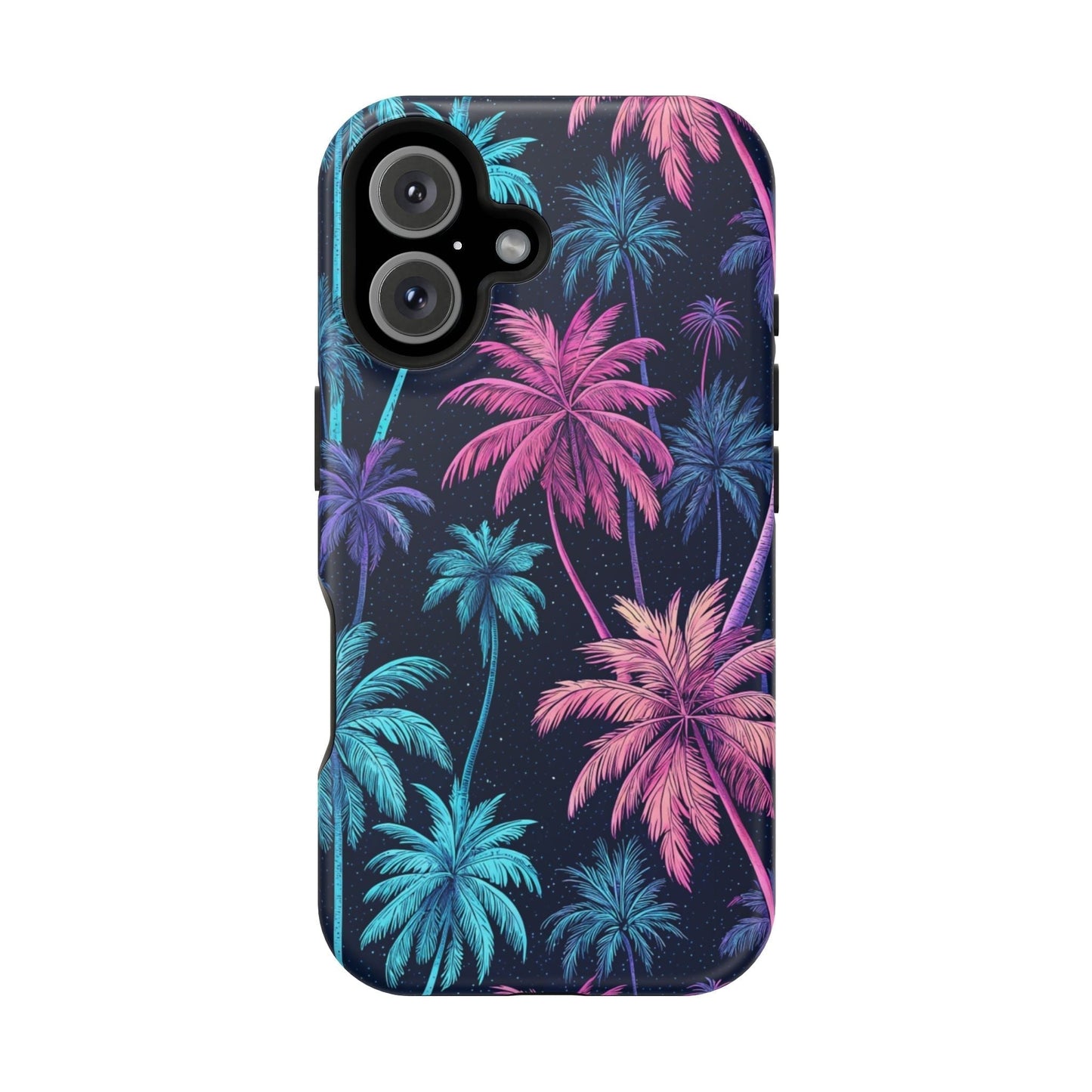 Neon Palm Trees phone case with vibrant blue and pink palm tree design for iPhone with MagSafe compatibility