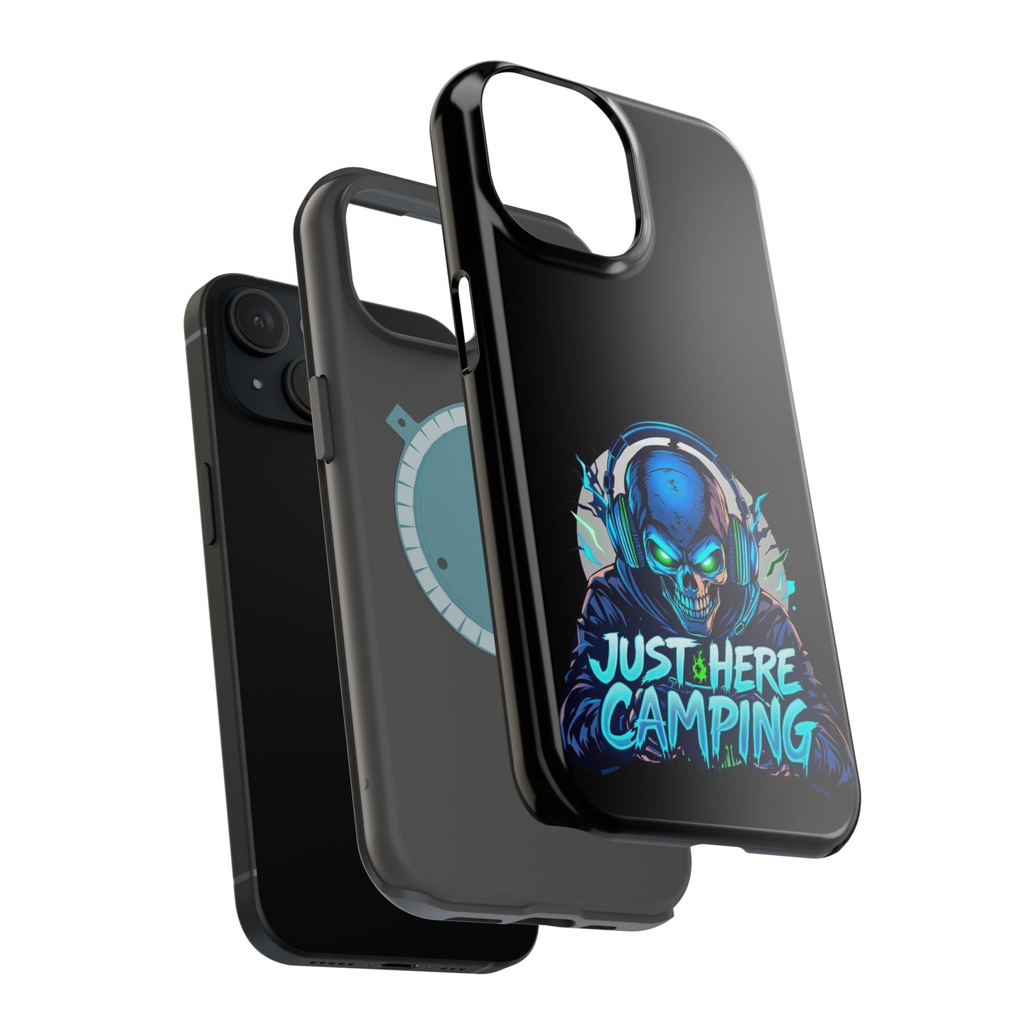 Black iPhone tough case with vibrant "Just Here Camping Gamer" design and MagSafe compatibility
