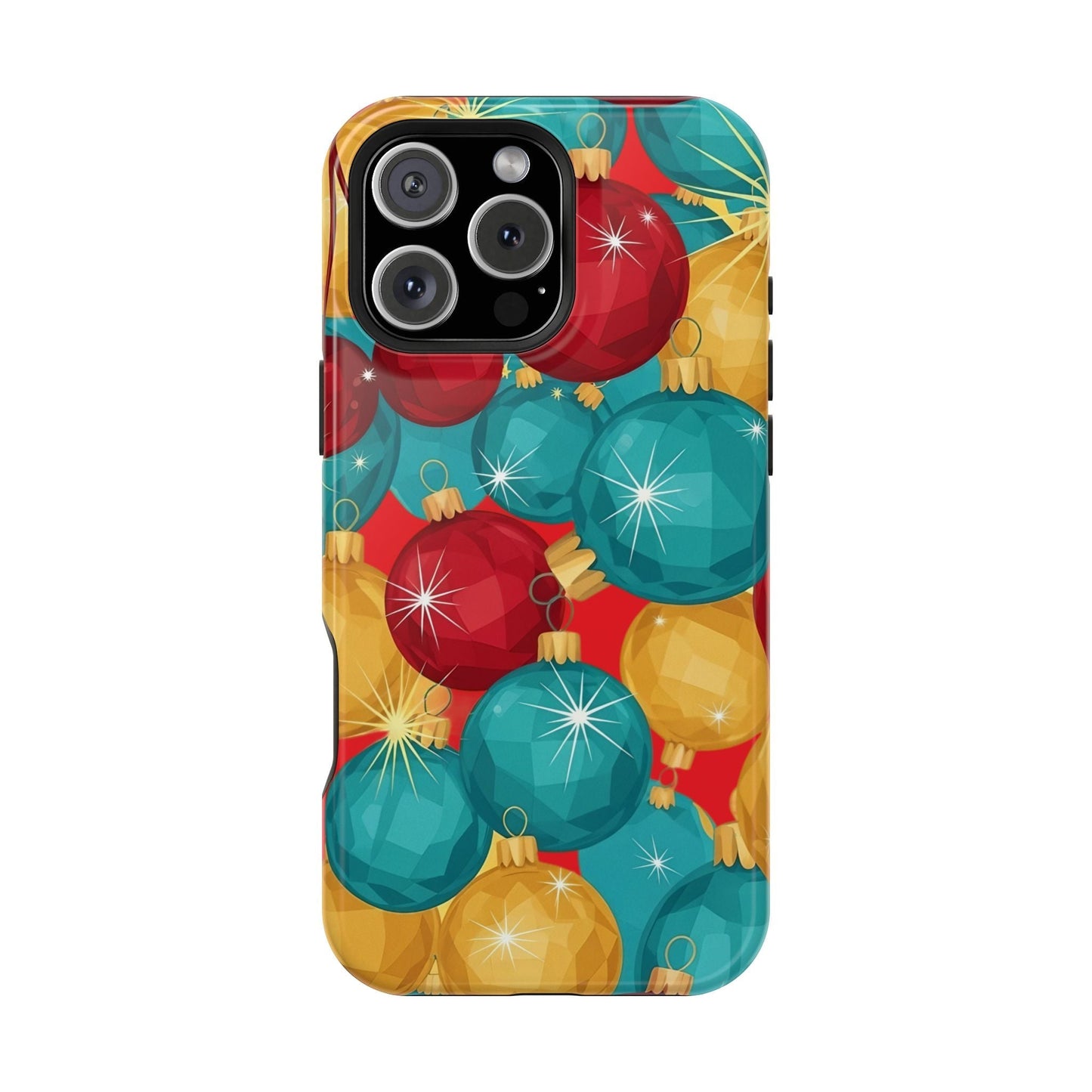 iPhone case with colorful Christmas tree sparkle bulbs design, dual-layer protection, and MagSafe compatibility