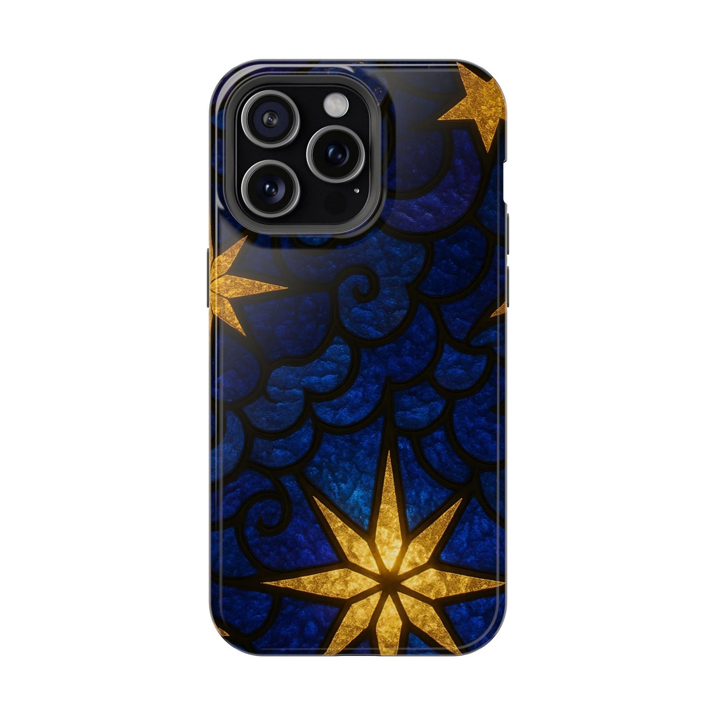 iPhone tough case with golden star design on blue textured background, MagSafe compatible and durable protection