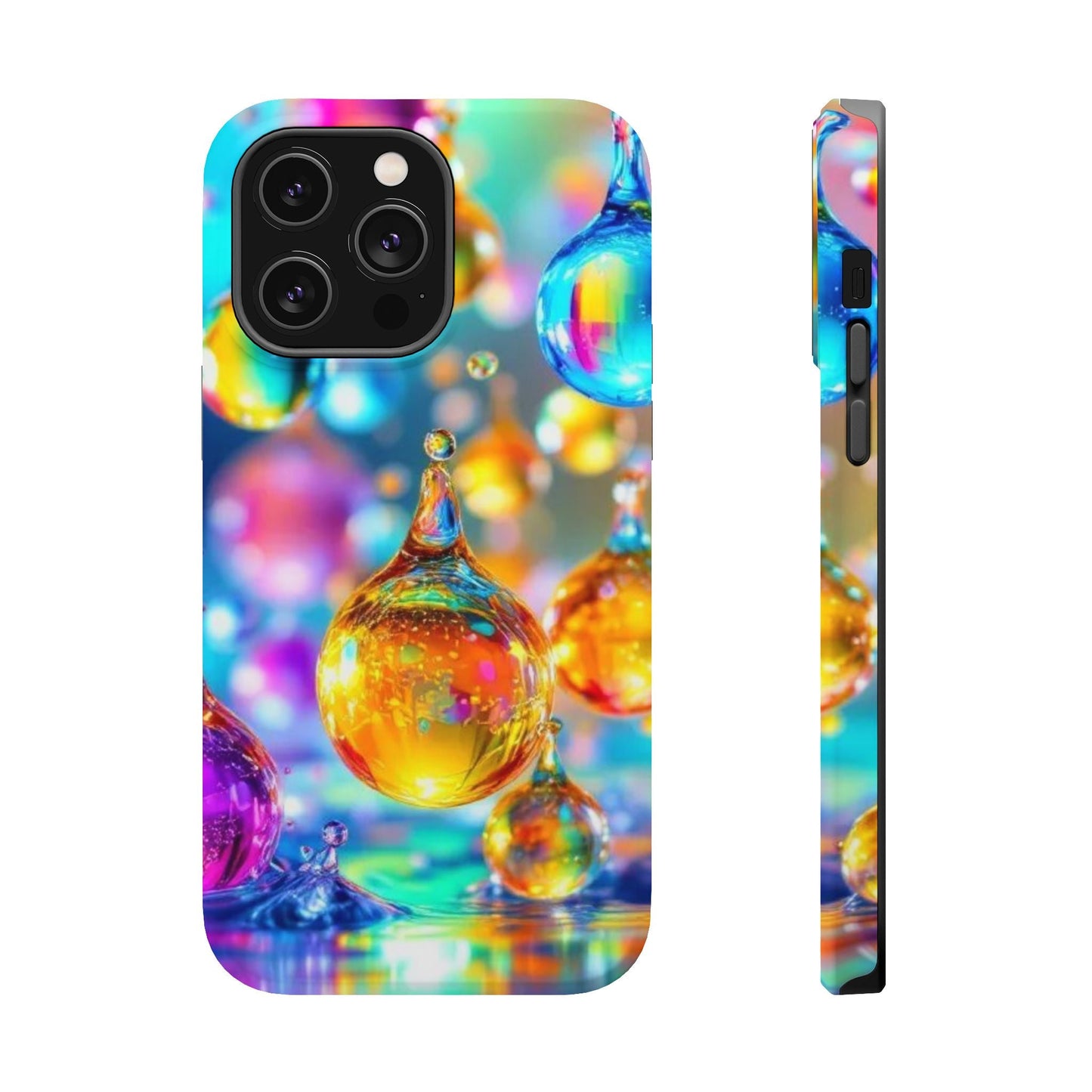 iPhone tough case with vibrant colorful golden raindrop design and MagSafe compatibility