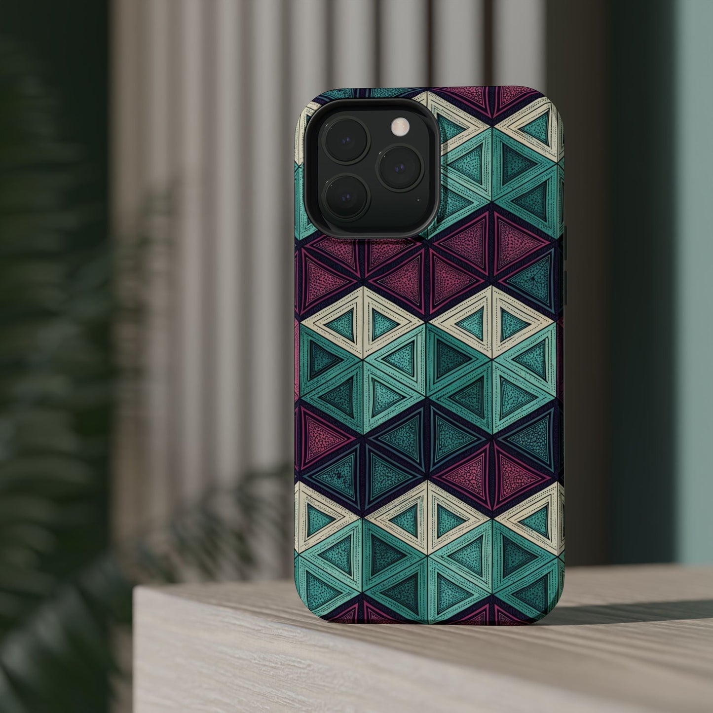 Purple and teal abstract geometric patterned magnetic iPhone tough case with MagSafe compatibility and dual-layer protection