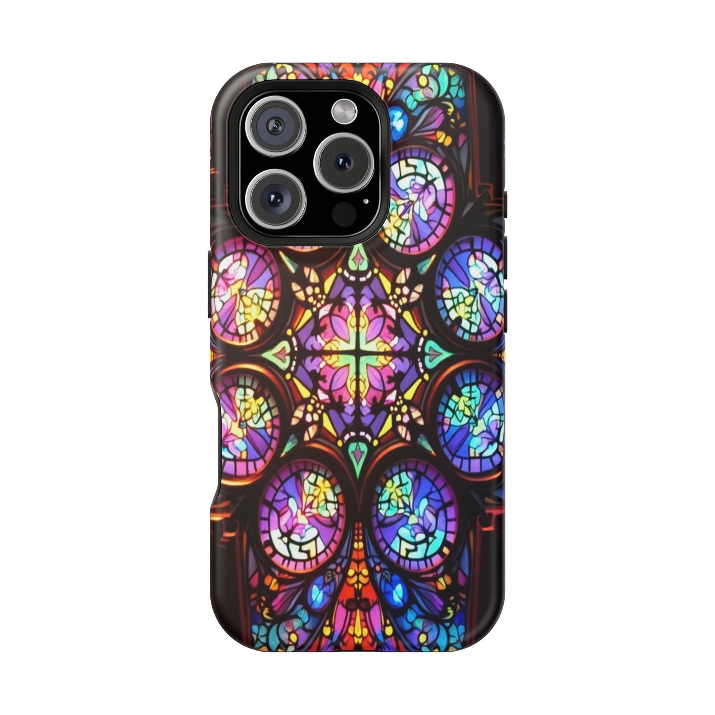 Colorful hypnotic stained glass pattern on durable iPhone tough case with MagSafe compatibility