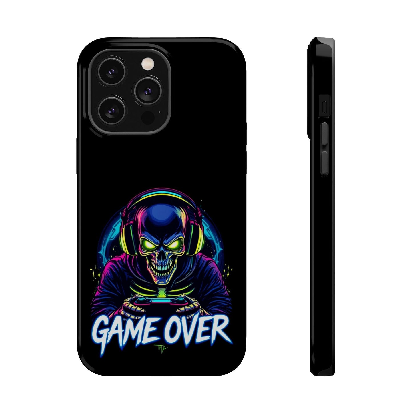 Game Over Gamer iPhone tough case with skull and headphones design, durable dual-layer protection, MagSafe compatible