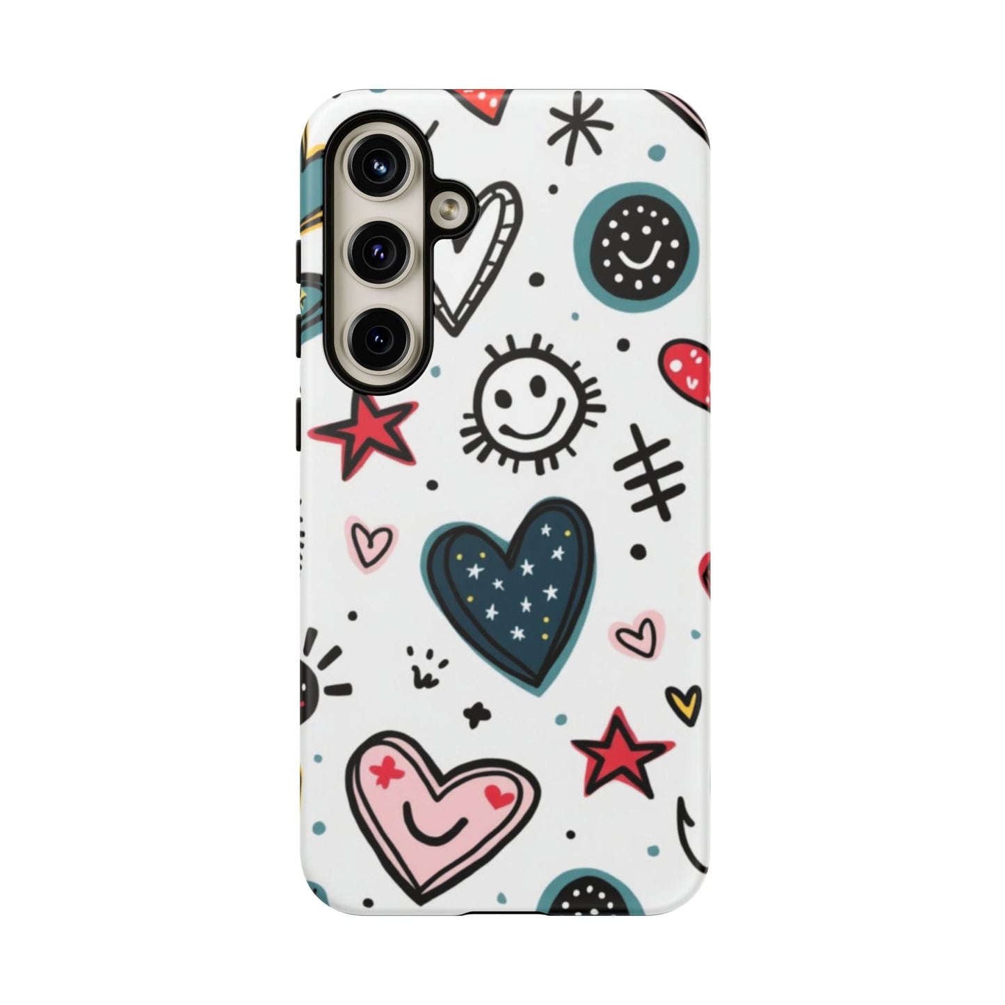 Samsung Tough Phone Case with playful smiles and hearts design, durable and shock-absorbent protection for Galaxy models