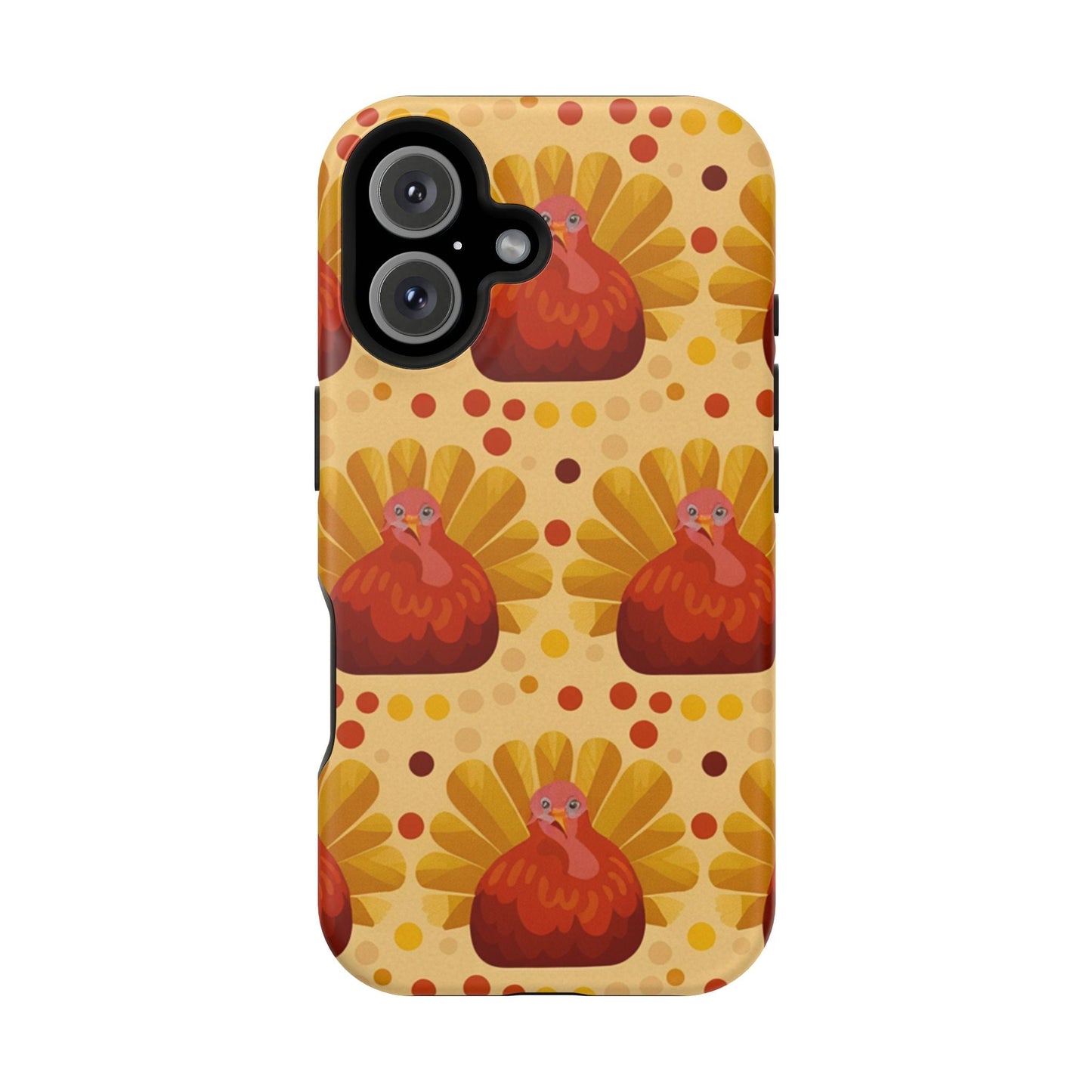Turkey Celebration iPhone Case with vibrant Thanksgiving turkey design, durable polycarbonate, dual-layer protection, and MagSafe compatibility.