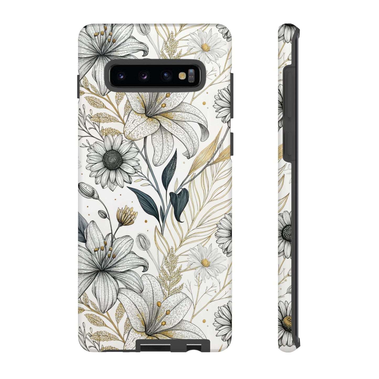 Samsung tough phone case with golden leaf minimalist floral design and durable protective cover.