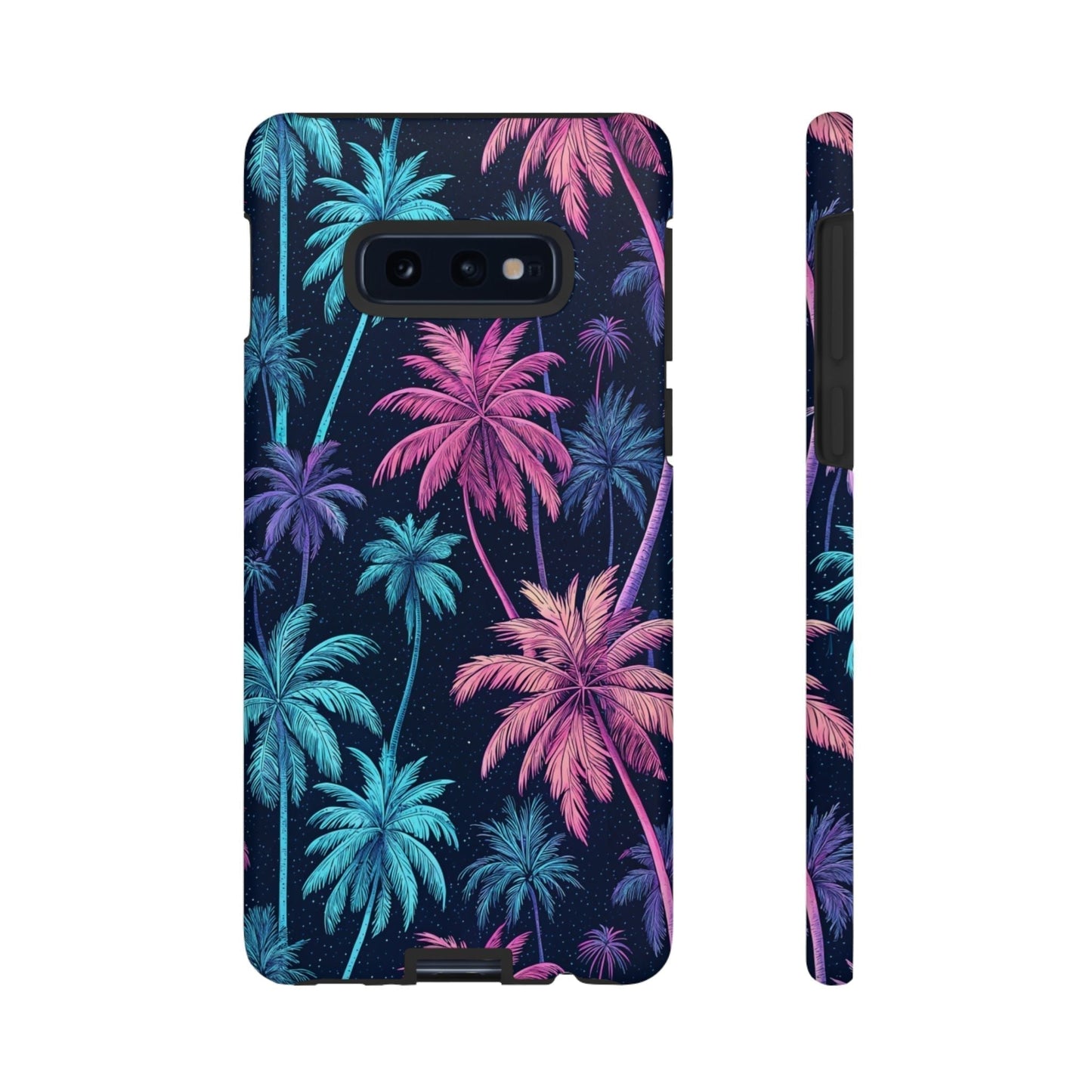 Samsung Galaxy phone case with vibrant neon palm tree design in blue and pink colors on a dark background