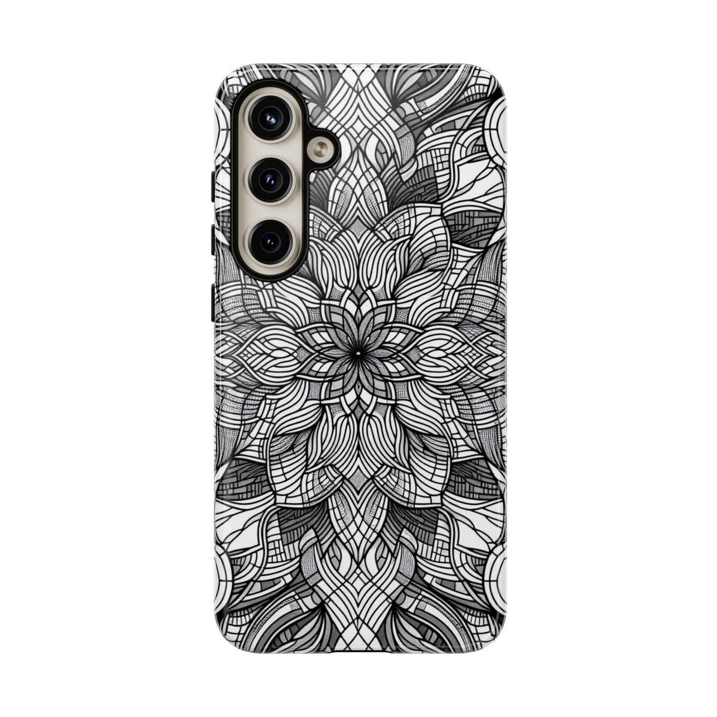 Samsung phone case with black and white intricate art explosion design providing full protection