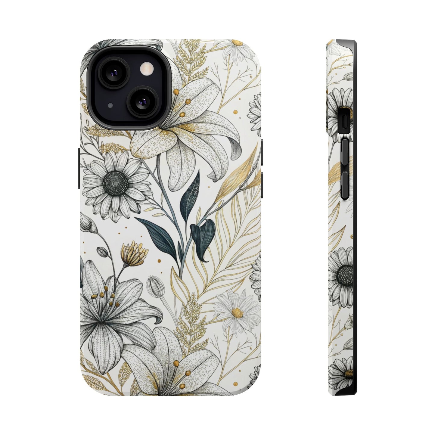 Golden Leaf Flower modern minimalist design tough iPhone case with durable dual-layer protection and built-in MagSafe magnet