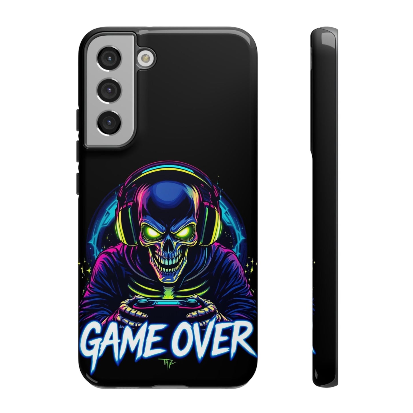 Game Over Design Samsung tough phone case with neon skull gamer artwork and impact-resistant protection for Galaxy models.