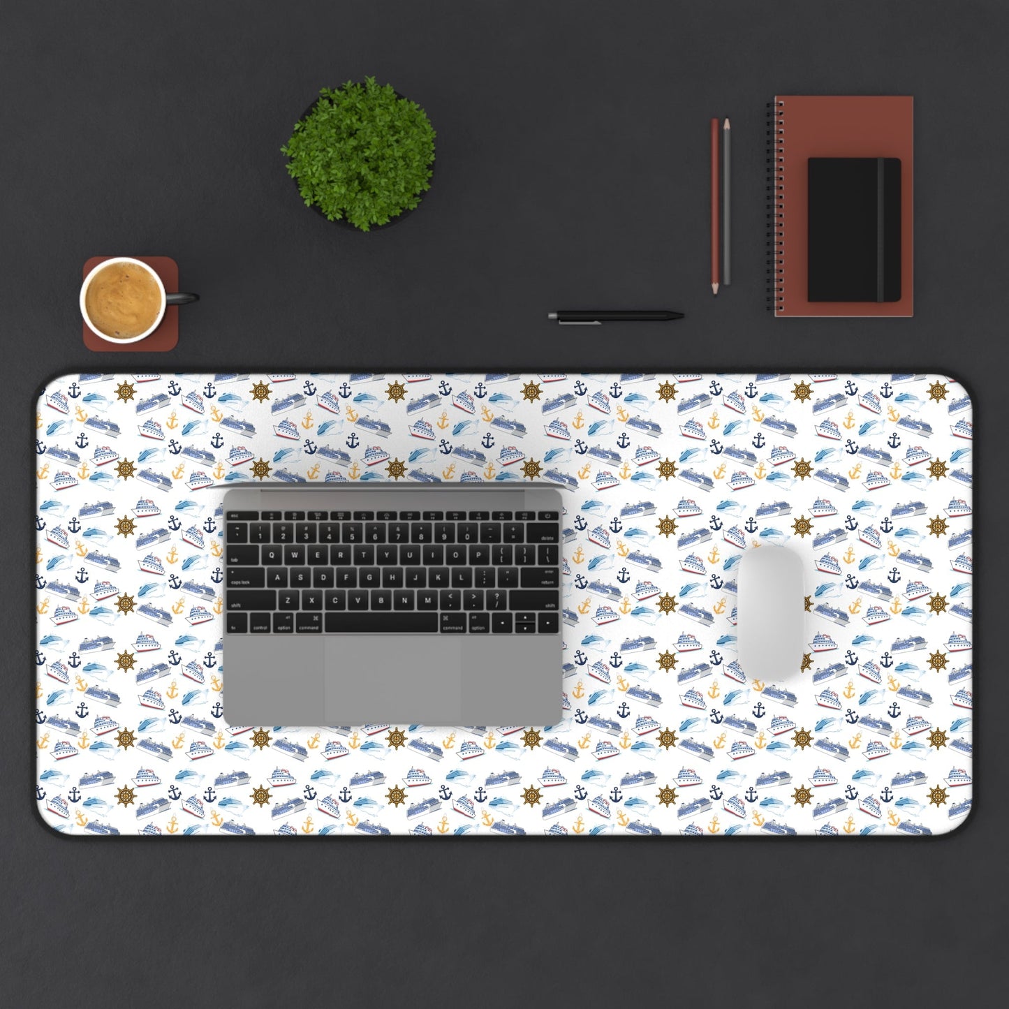 Cruise ship inspired desk mat with nautical-themed anchors and ship wheels, neoprene material, non-slip bottom, ideal for travel enthusiasts and office decor.