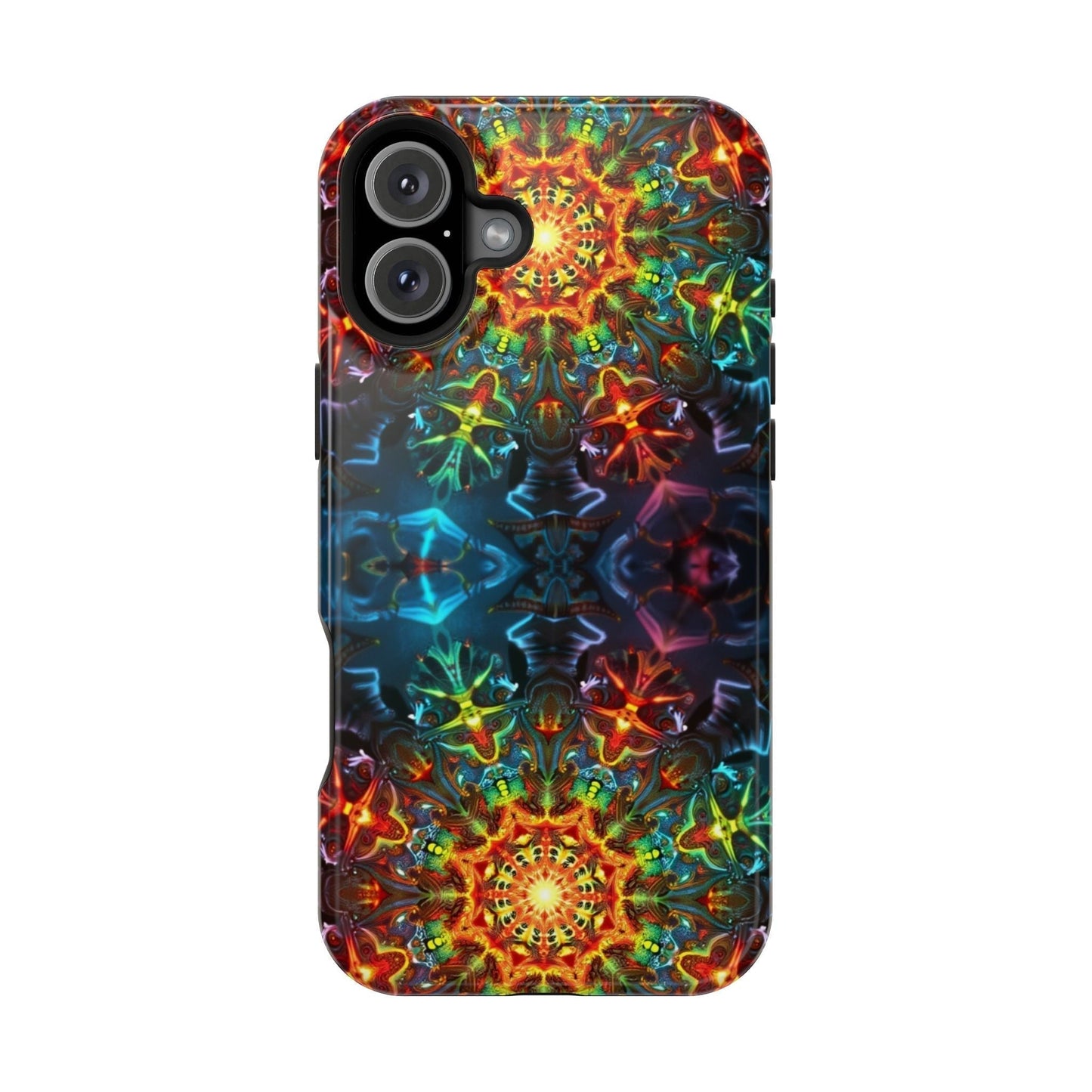 iPhone case with vibrant abstract kaleidoscope design and MagSafeยฎ magnetic tough protection