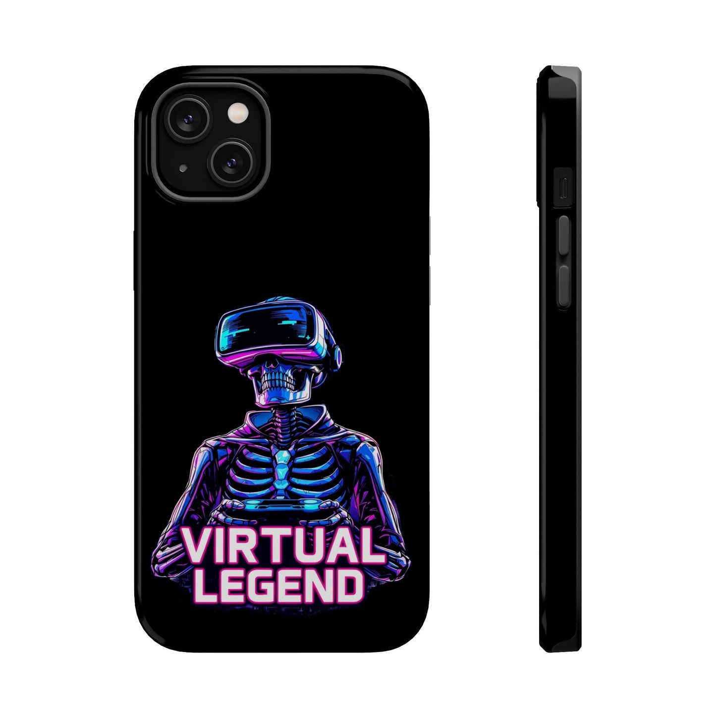 Virtual Legend Gamer iPhone tough case with durable dual-layer design and vibrant skeleton VR headset graphic on black background