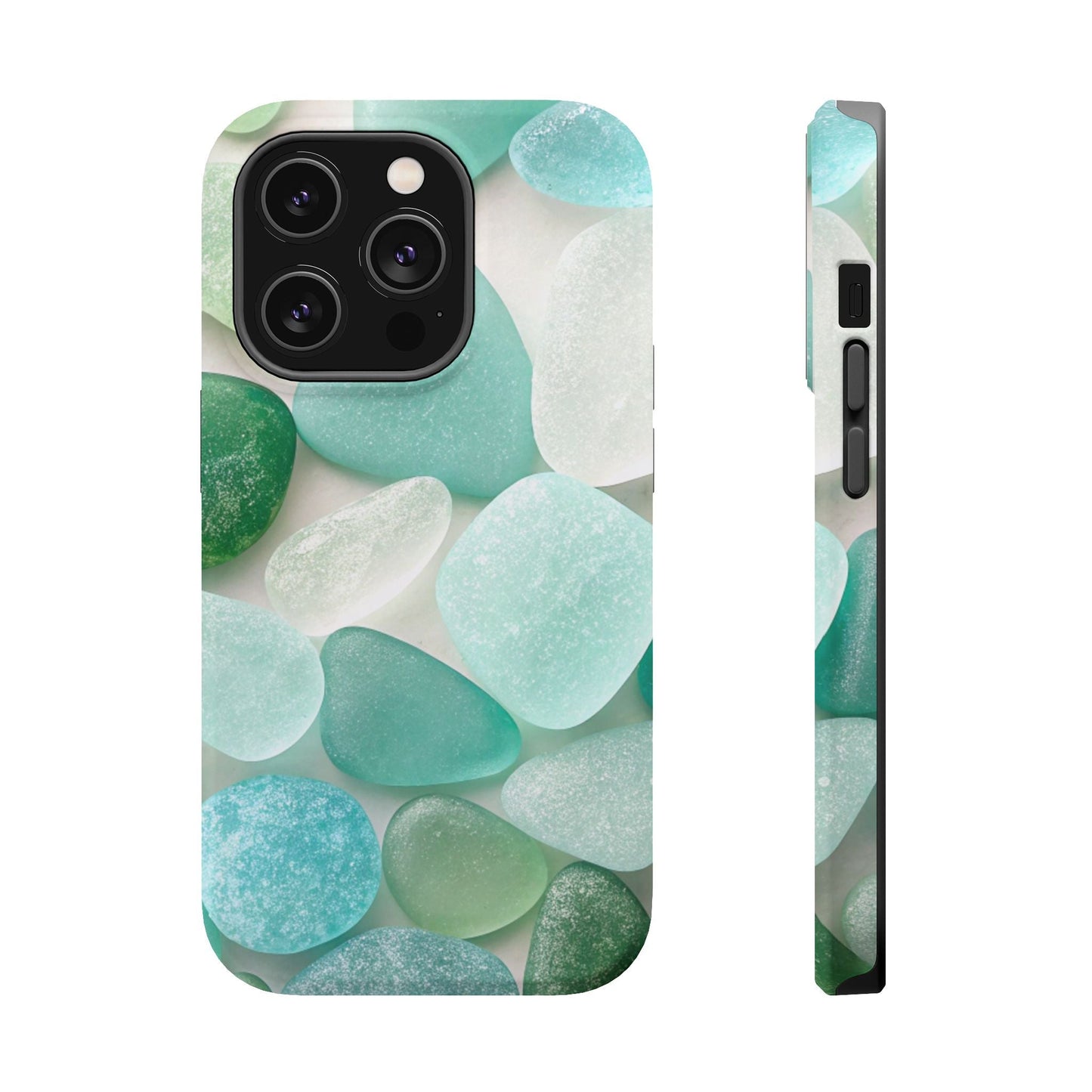 iPhone case with sea glass inspired design in shades of blue and green, durable dual-layer protective cover with MagSafe compatibility