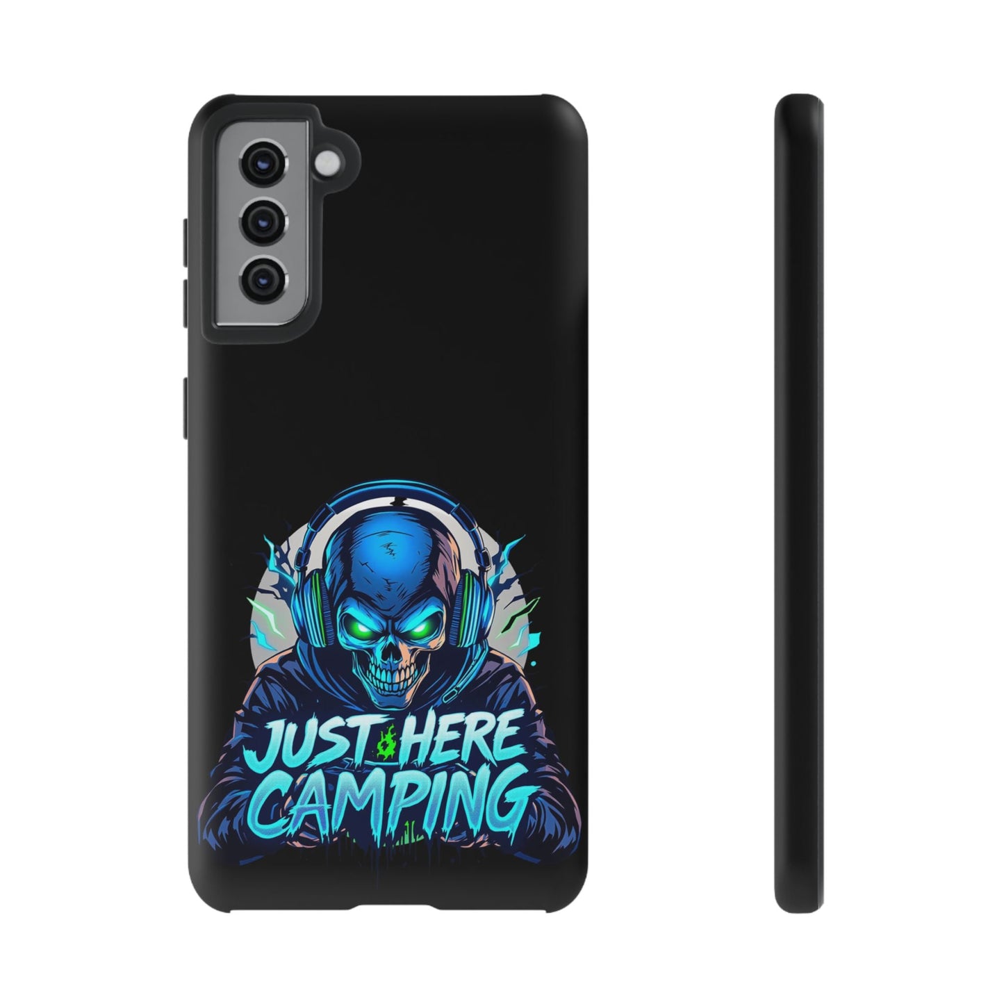 Samsung Tough gaming enthusiasts case with "Just Here Camping" skull design for Galaxy S series, durable protective cover