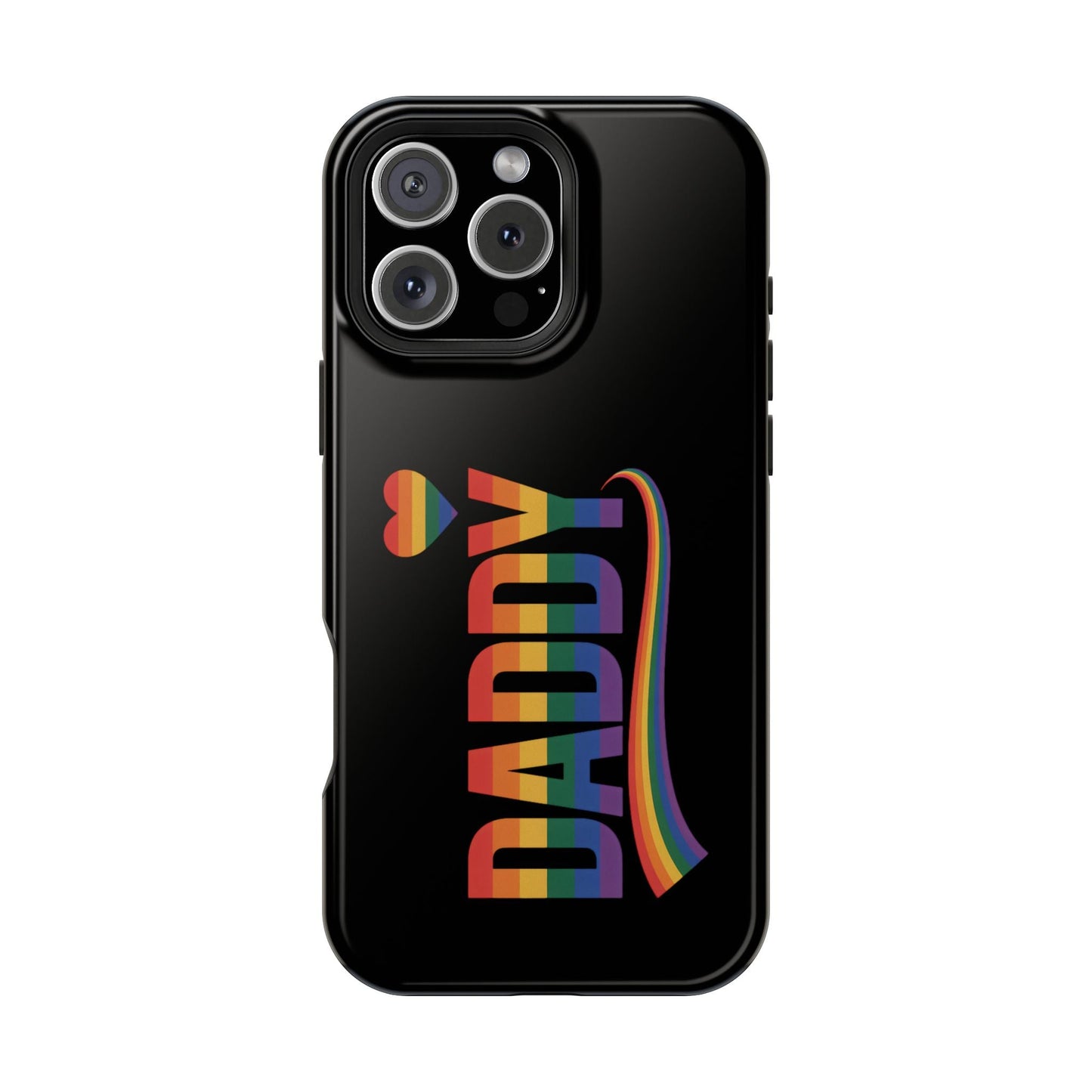 iPhone tough case with colorful Fun Daddy LGBT Daddy design and embedded MagSafe magnet on black background