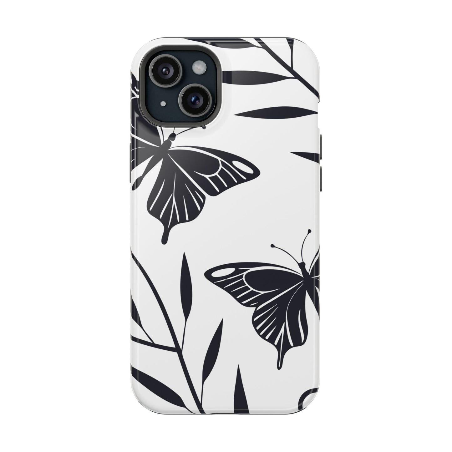 Black and white minimalist butterfly iPhone case with botanical design and MagSafe compatibility
