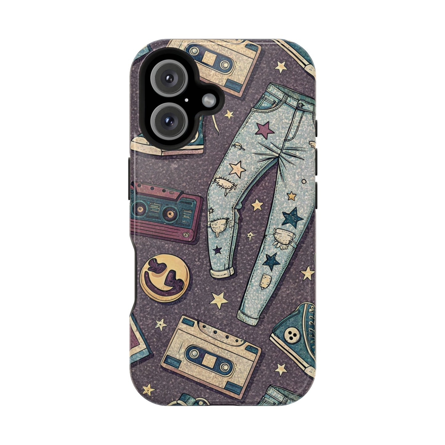 iPhone tough case with 90s grunge cassette tape collage, ripped jeans, and retro design, MagSafe compatible and durable protection