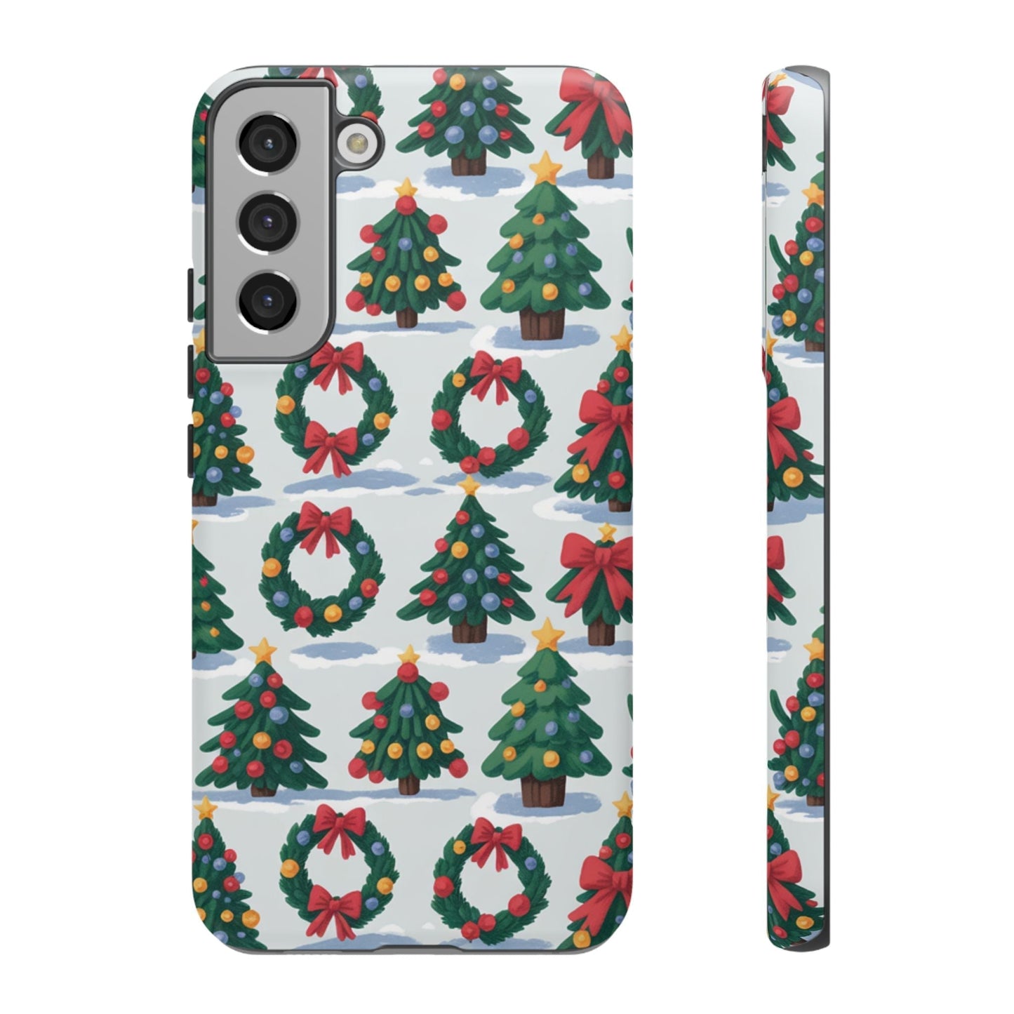 Samsung phone case with festive Holiday Wreath Tree and Christmas decorations pattern.