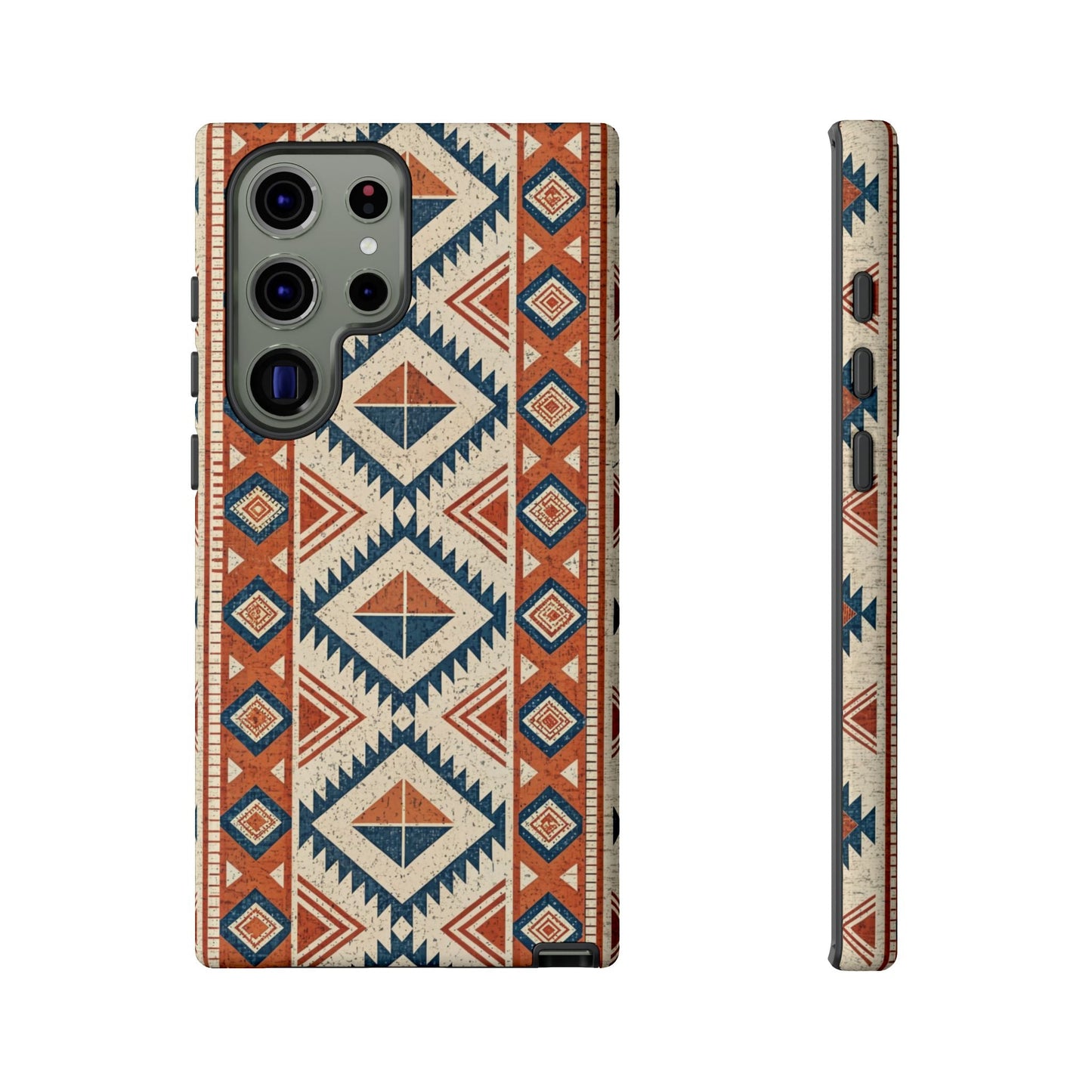 Tribal design Samsung phone case with durable 3D printed tribal-inspired pattern in red, blue, and beige colors for Samsung Galaxy models