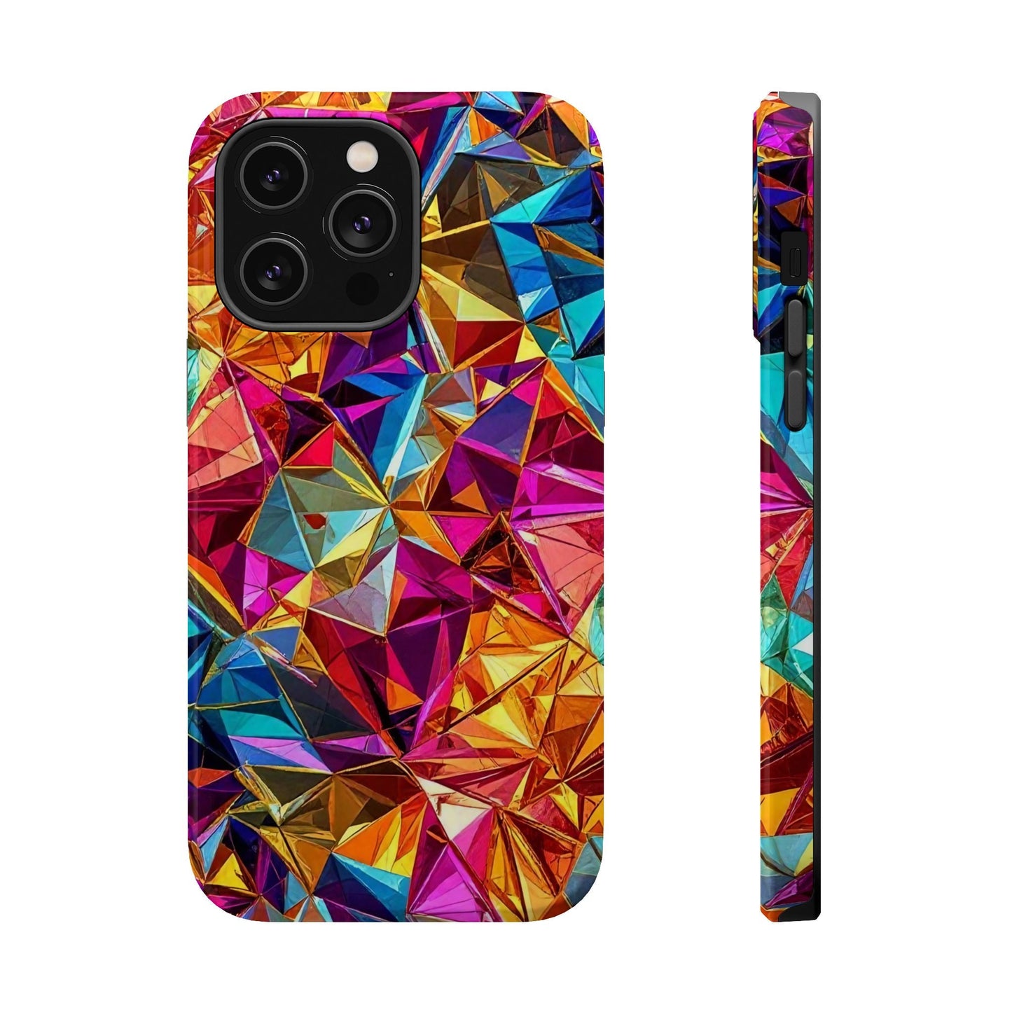 Colorful geometric rainbow foil iPhone tough case with glossy finish and MagSafe compatibility