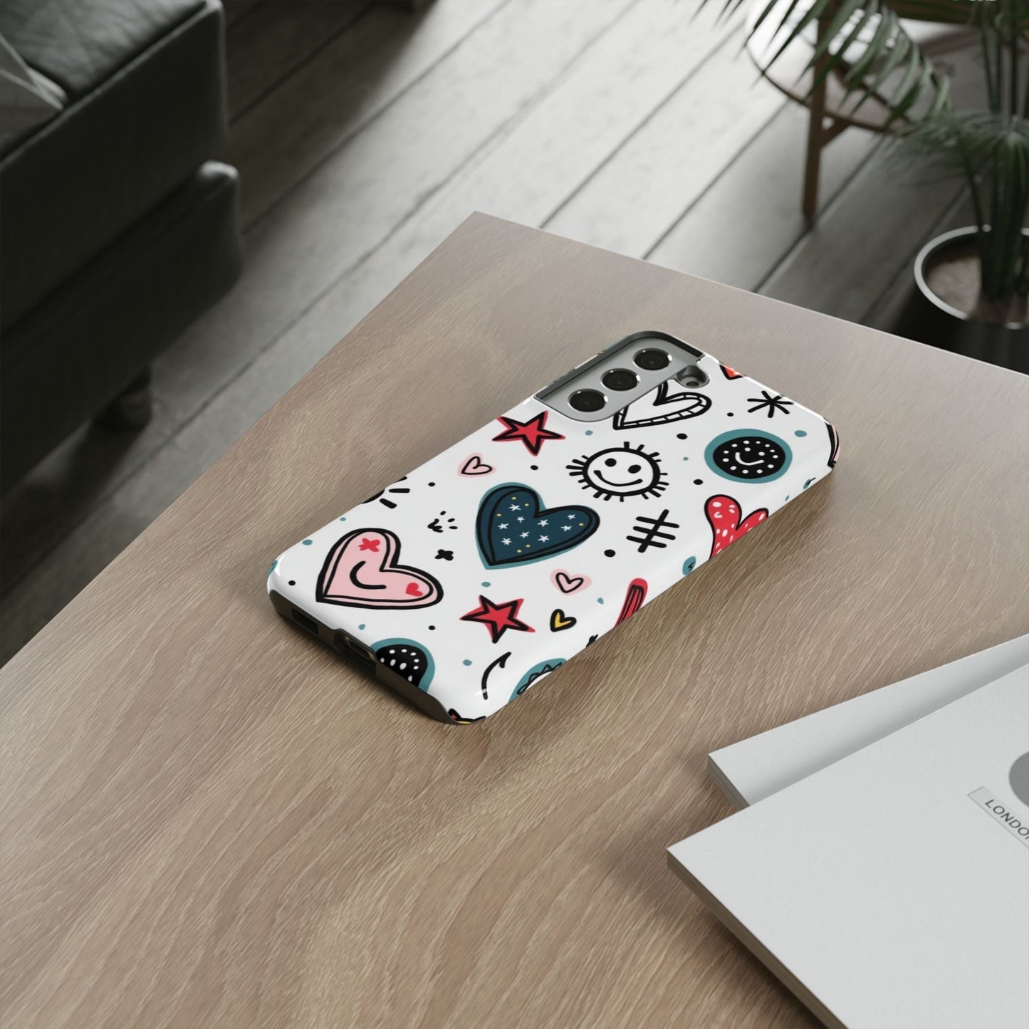 Smiles and Hearts Samsung tough phone case with colorful heart and star designs on white background