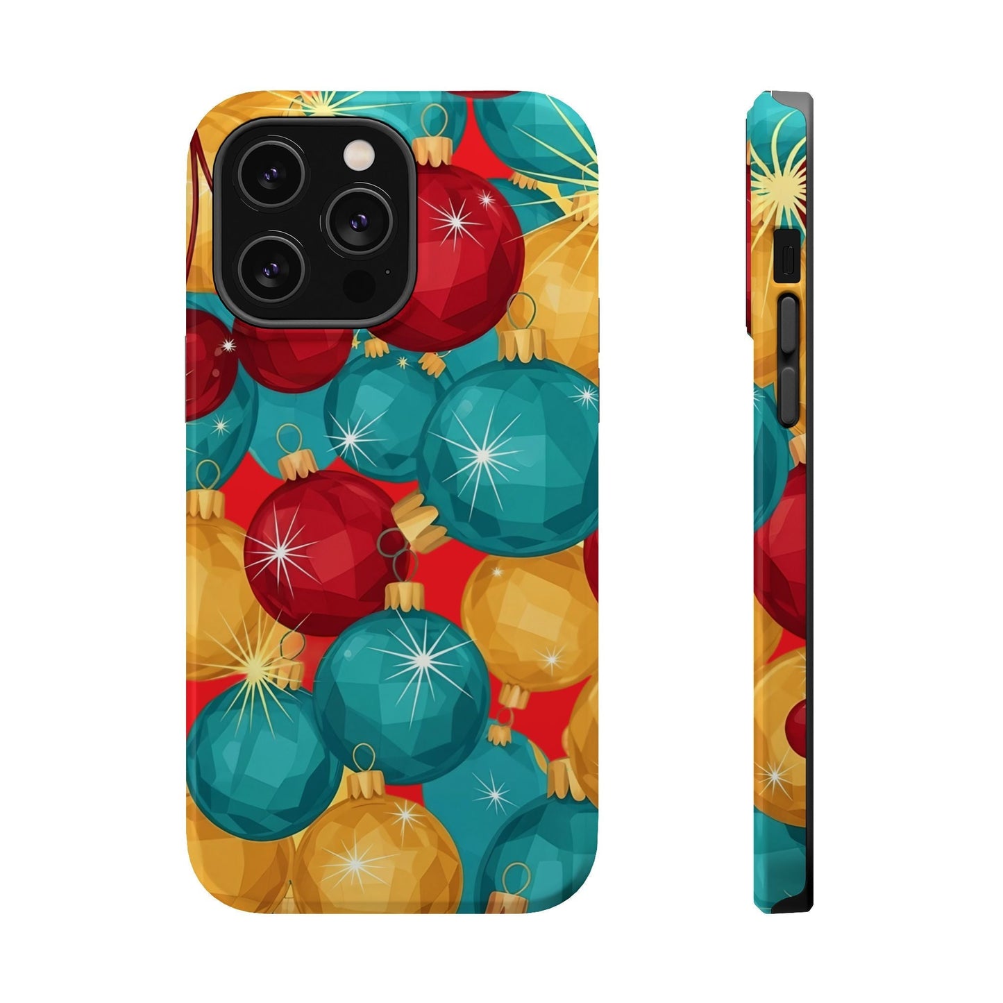 Christmas Tree Sparkle Bulbs iPhone case with colorful festive holiday ornament design and durable MagSafe compatible protection