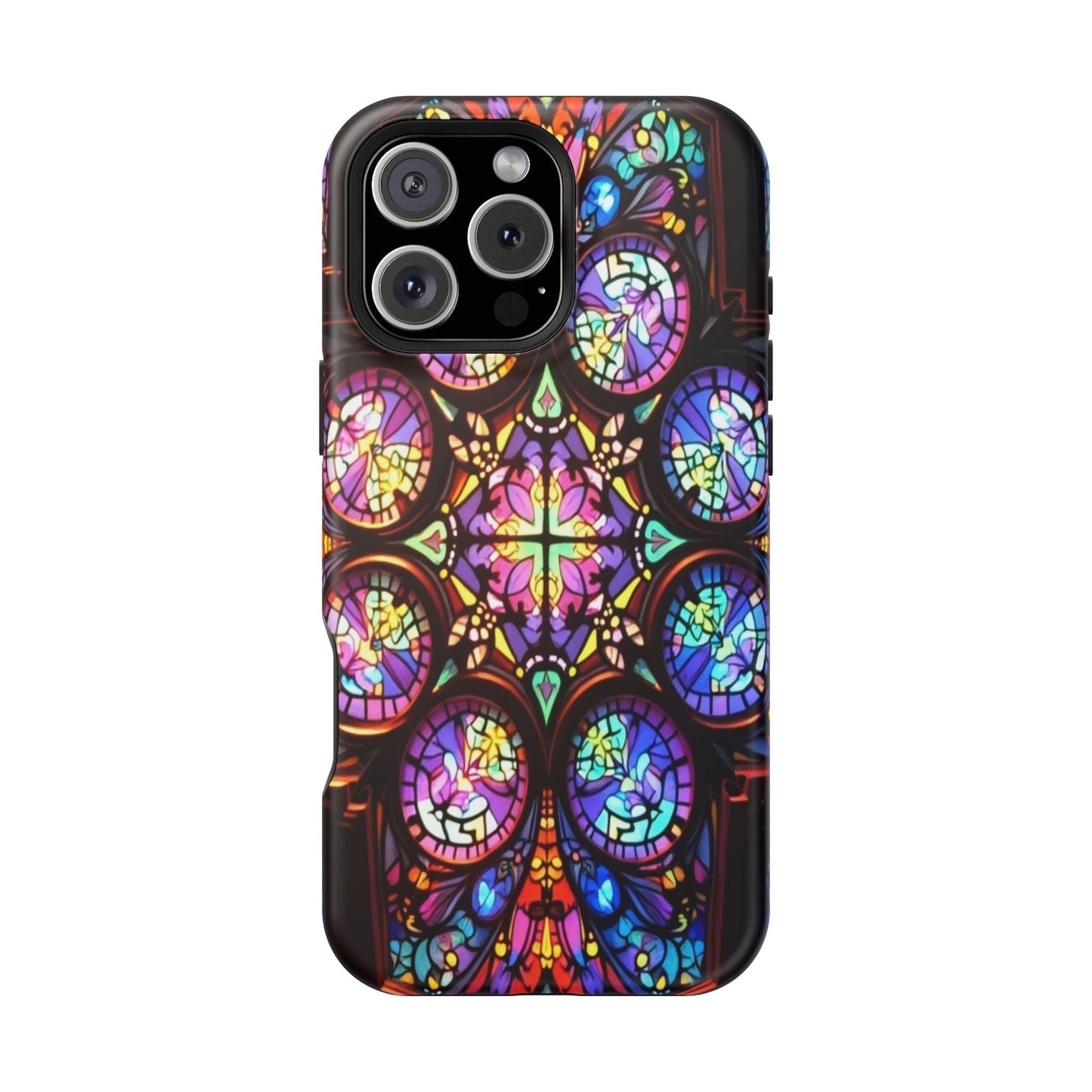 iPhone tough case with colorful hypnotic stained glass design and MagSafe compatibility