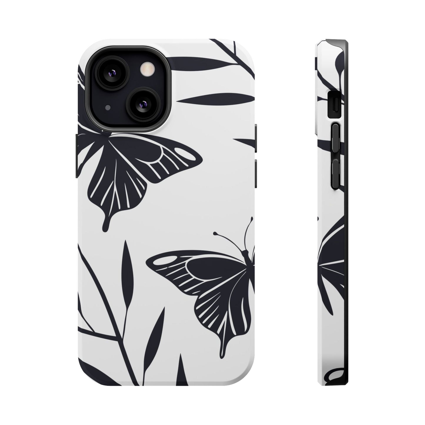 Black and white minimalist butterfly design iPhone case with durable dual-layer protection and MagSafe compatibility