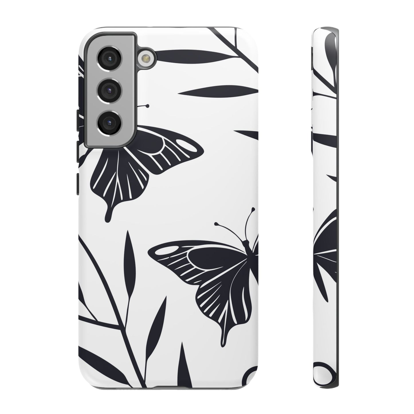 Minimalist black and white butterfly Samsung phone case with elegant 3D design and robust protection