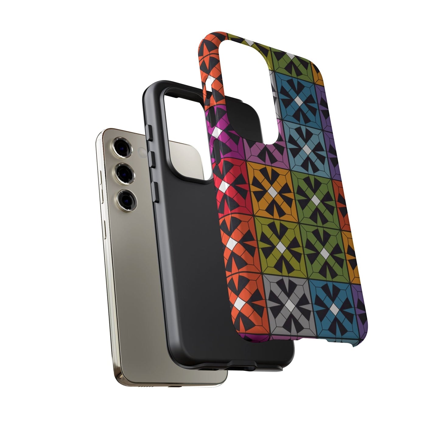 Samsung tough case with vibrant rainbow abstract square pattern for Galaxy phones, shockproof and UV resistant design