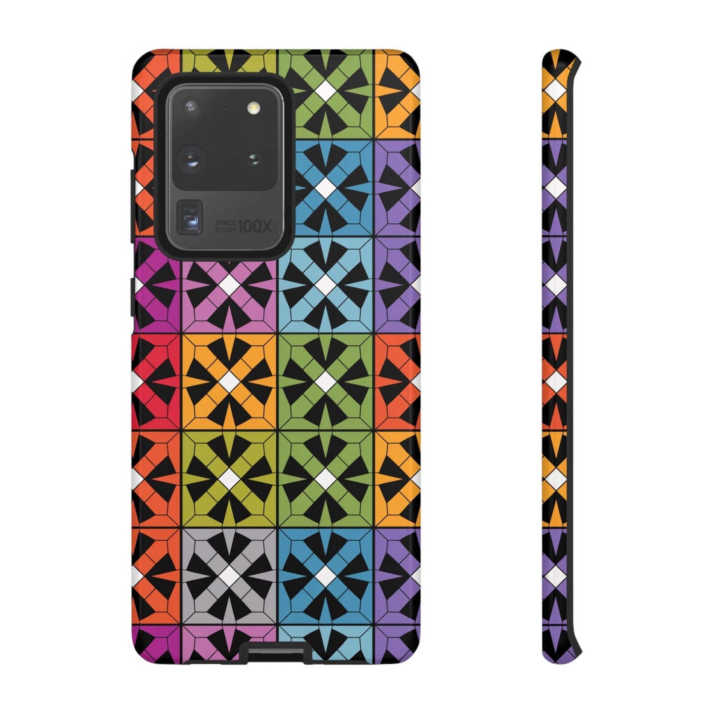 Samsung Galaxy case with vibrant Rainbow Abstract Design featuring durable, shockproof protection and colorful geometric pattern