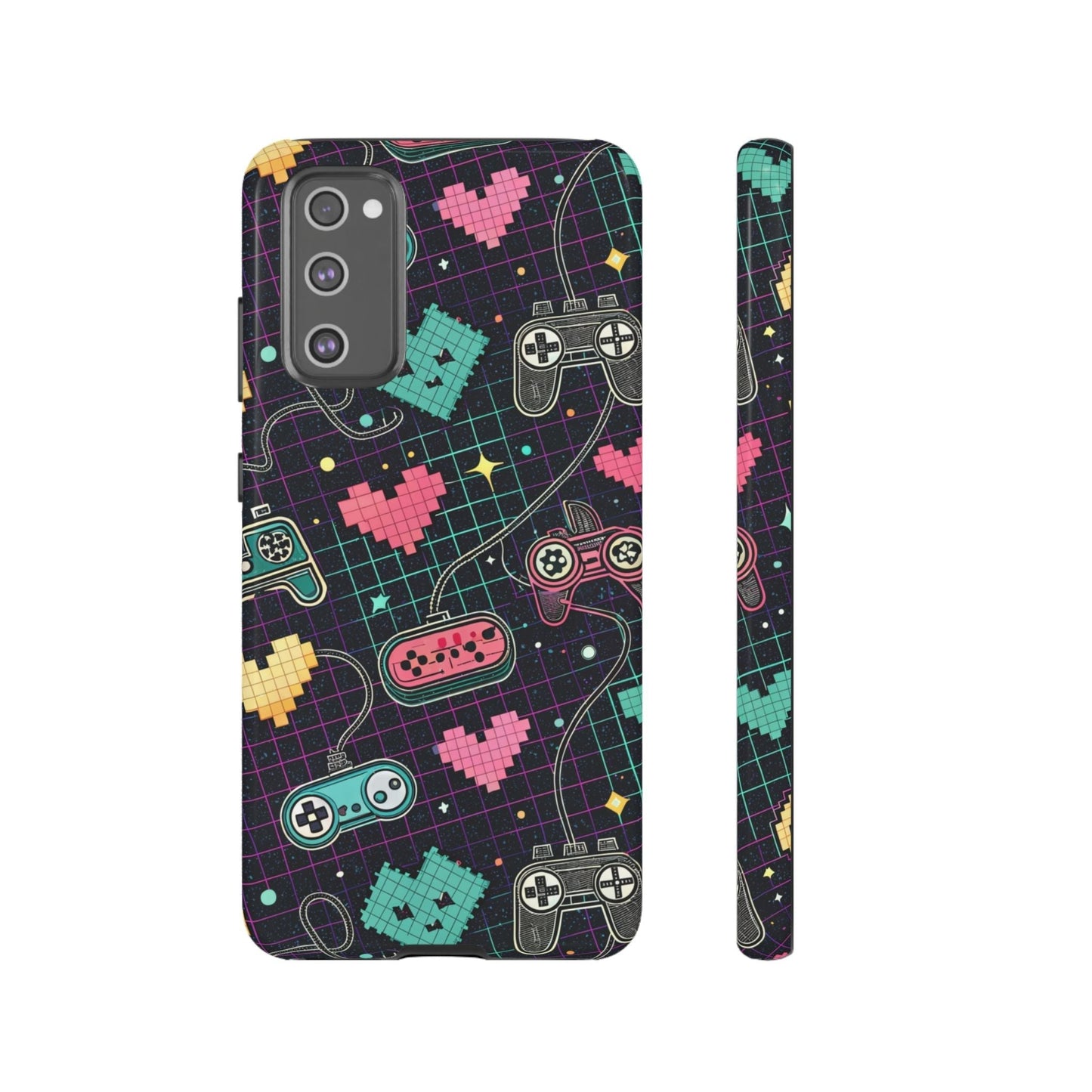 Retro gamer tough case for Samsung Galaxy with colorful pixelated hearts and game controller design, durable protective cover