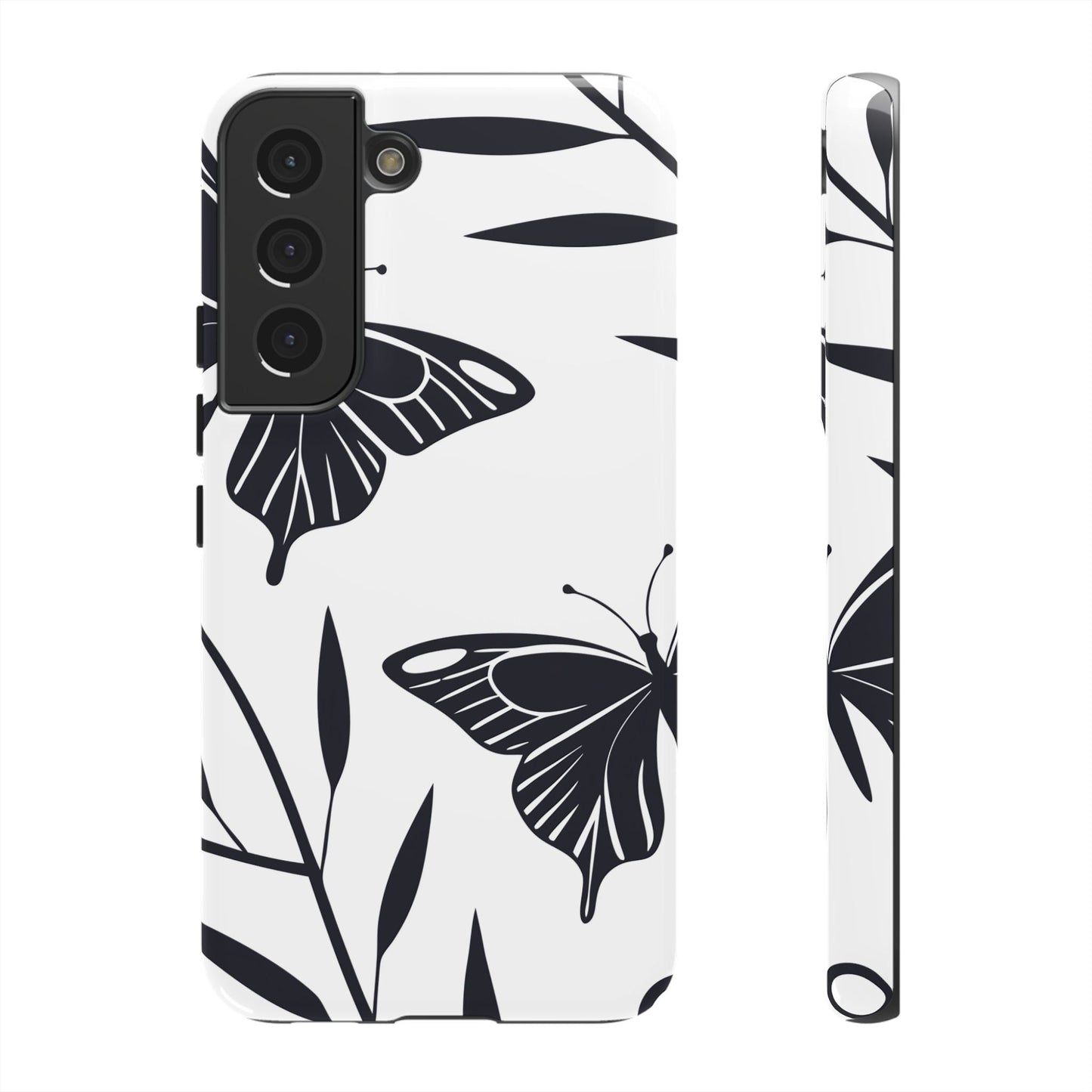 Minimalist black and white butterfly design Samsung phone case with elegant 3D print and durable protection