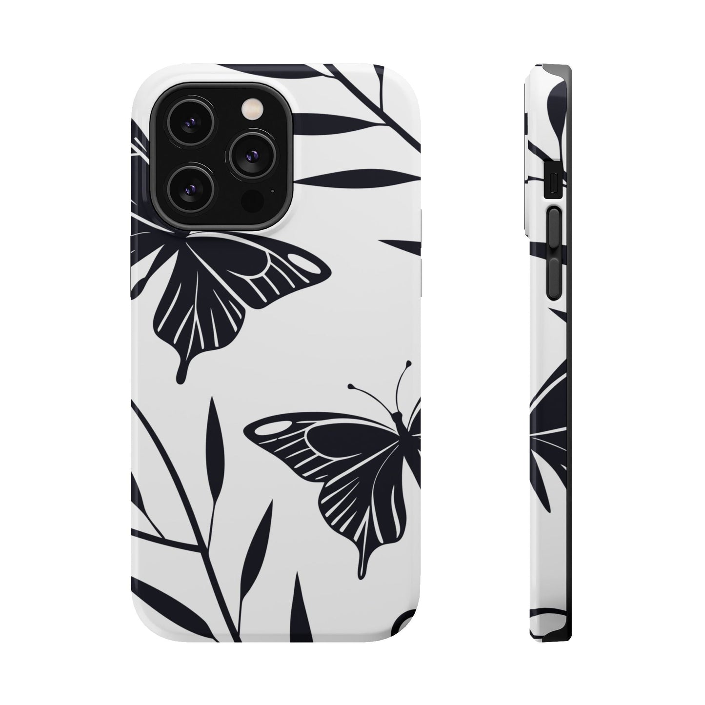 Black and white minimalist butterfly iPhone case with sleek protective design and MagSafe compatibility