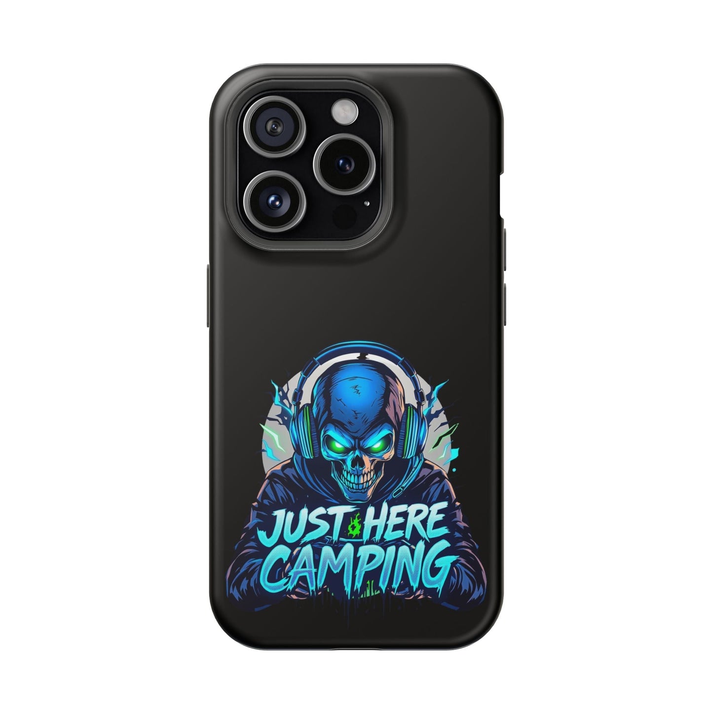 iPhone tough case with Just Here Camping Gamer design featuring a vibrant skull gamer illustration and MagSafe compatibility