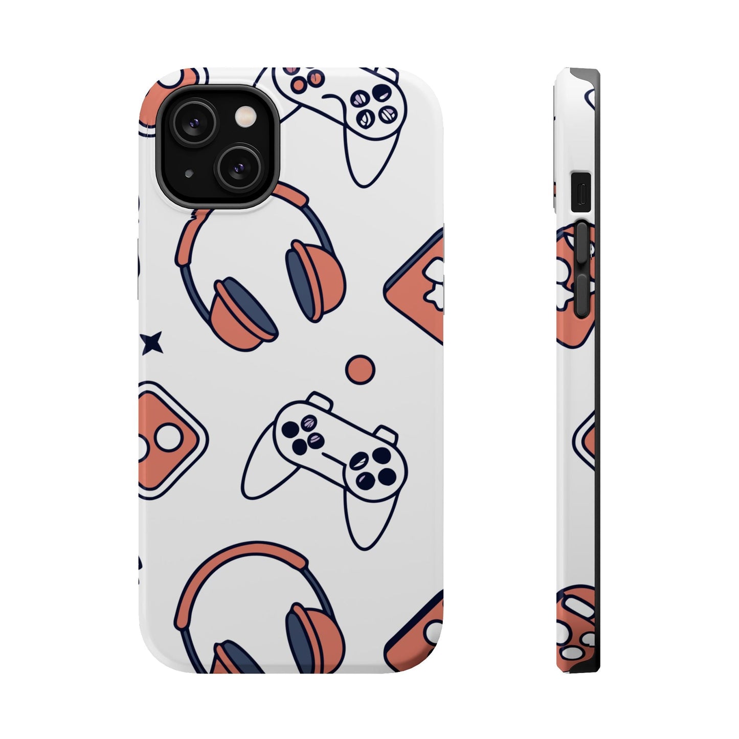 Gamer iPhone tough case with white background and gaming icons including controllers and headphones