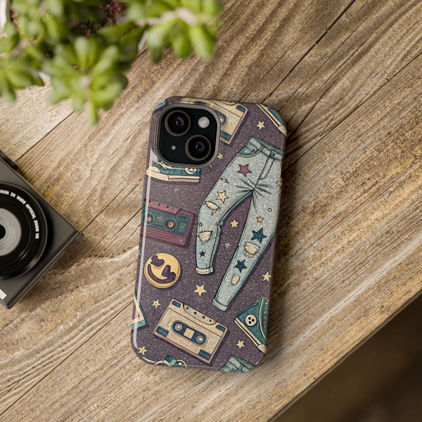 90s grunge cassette tape collage iPhone tough case with ripped jeans and band logos design
