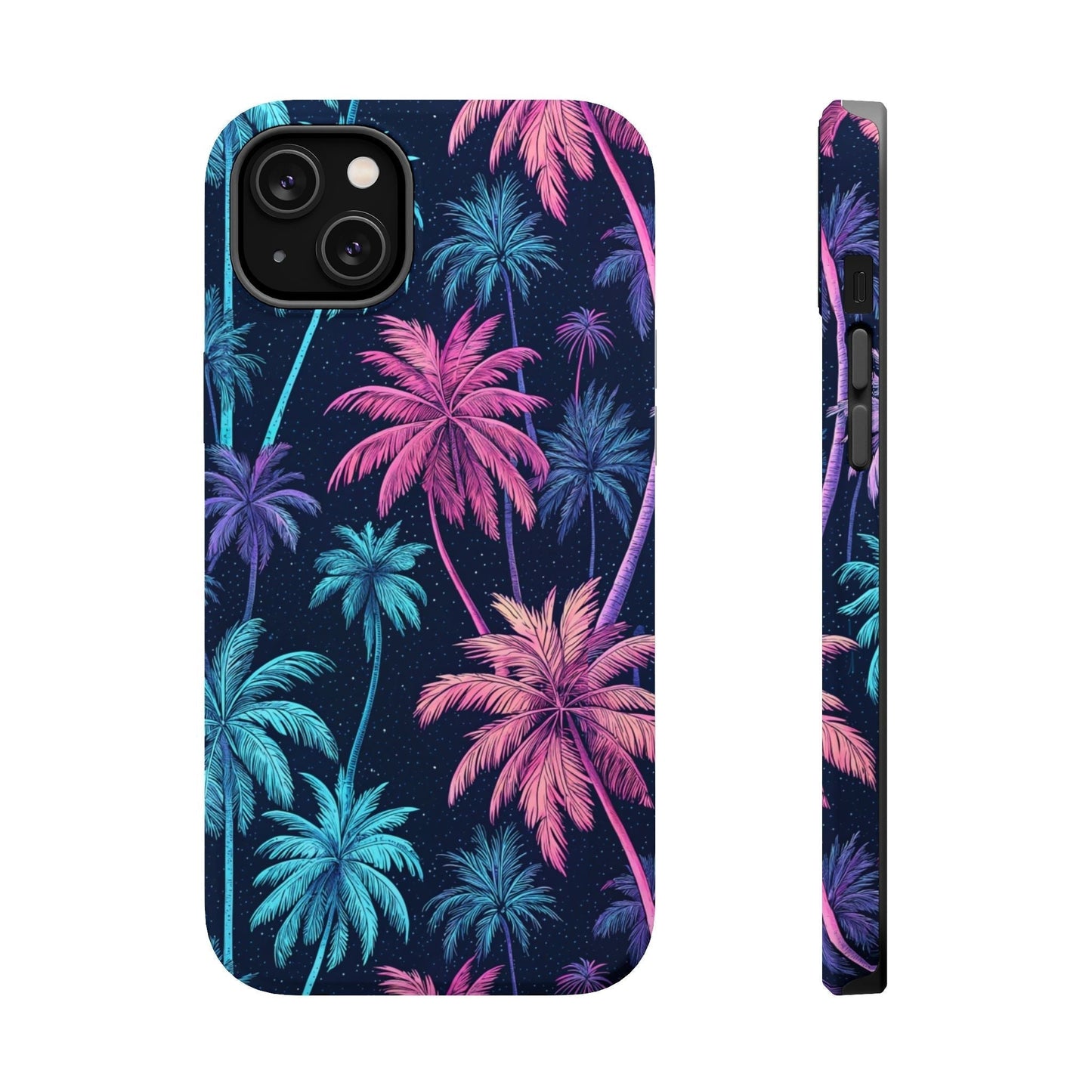 iPhone phone case with neon pink and blue palm tree design, durable dual-layer protection, MagSafe compatible tropical style accessory