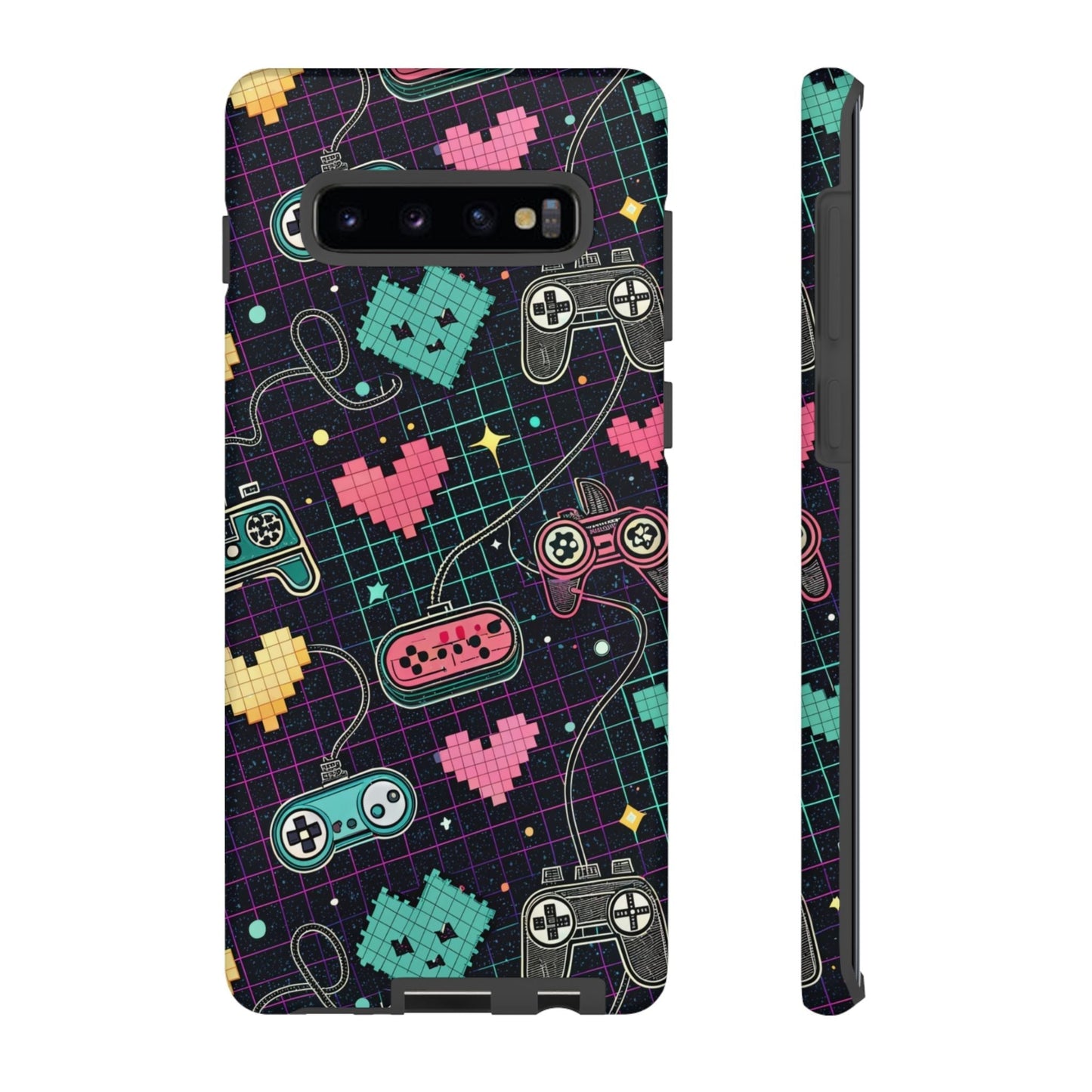 Retro Gamer Tough Case for Samsung Galaxy with colorful pixel art controllers and hearts design, durable protective cover for gamers