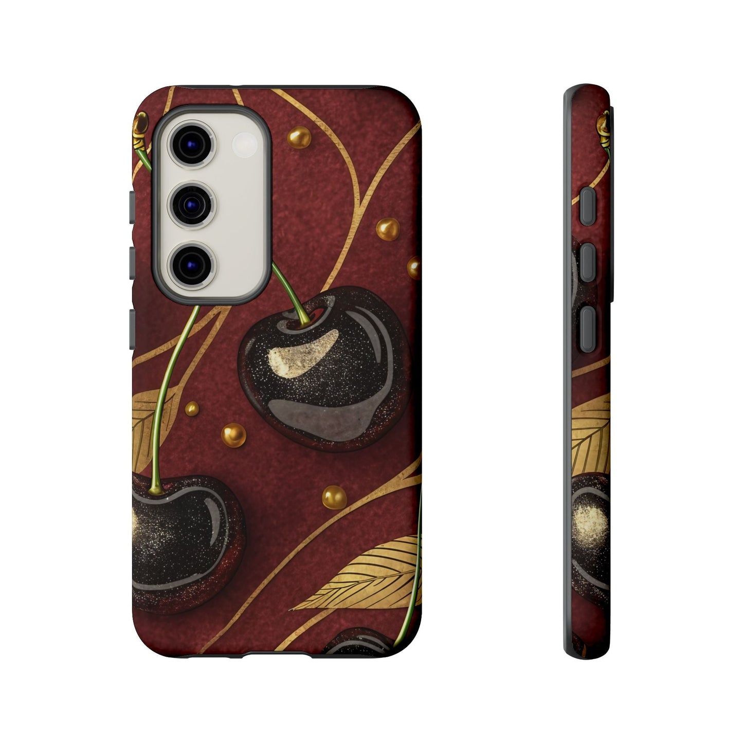 Samsung phone case with golden cherry 3D design and durable protective cover